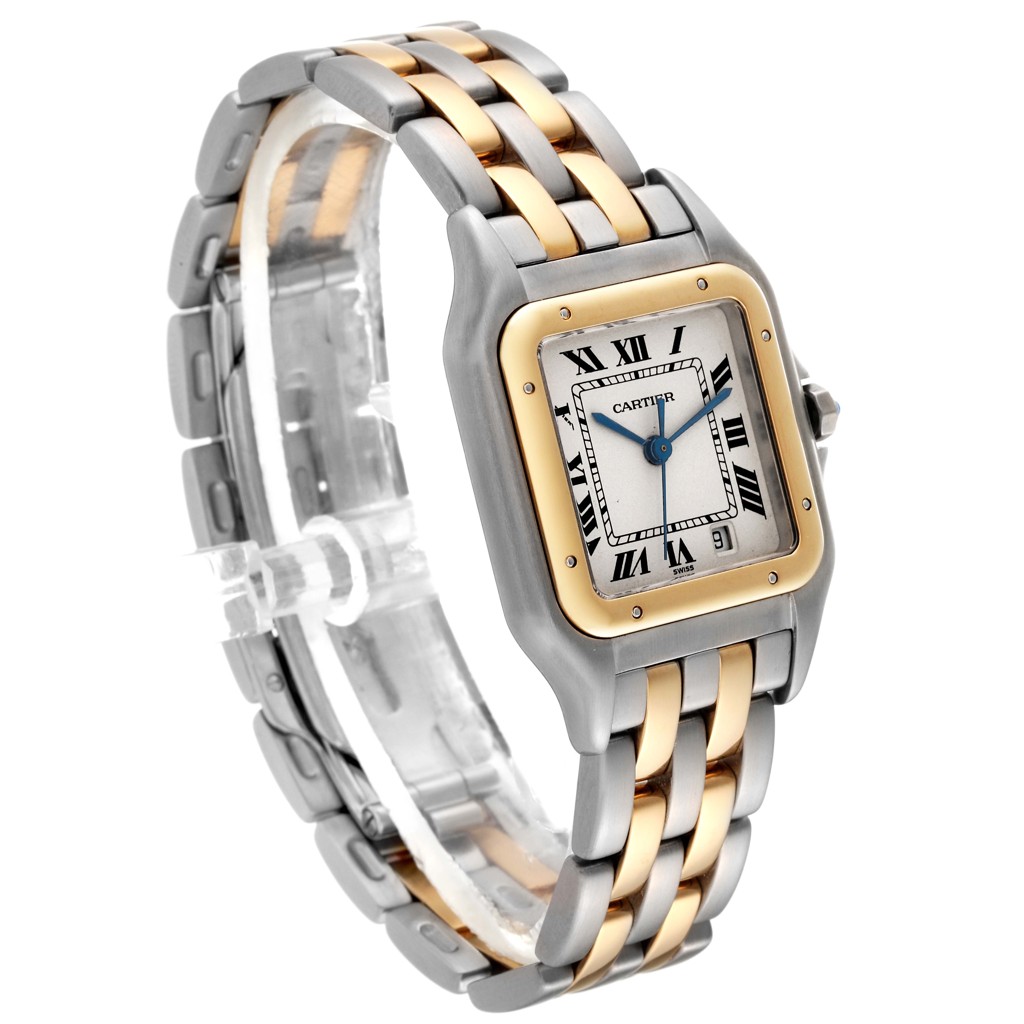 The image shows a Cartier Panthere W25028B6 Women's Steel and Gold (two tone) Silver Dial W25028B6 Women's Steel and Gold (two tone) Silver Dial watch at a three-quarter view, highlighting its two-tone stainless steel and gold bracelet and square face.