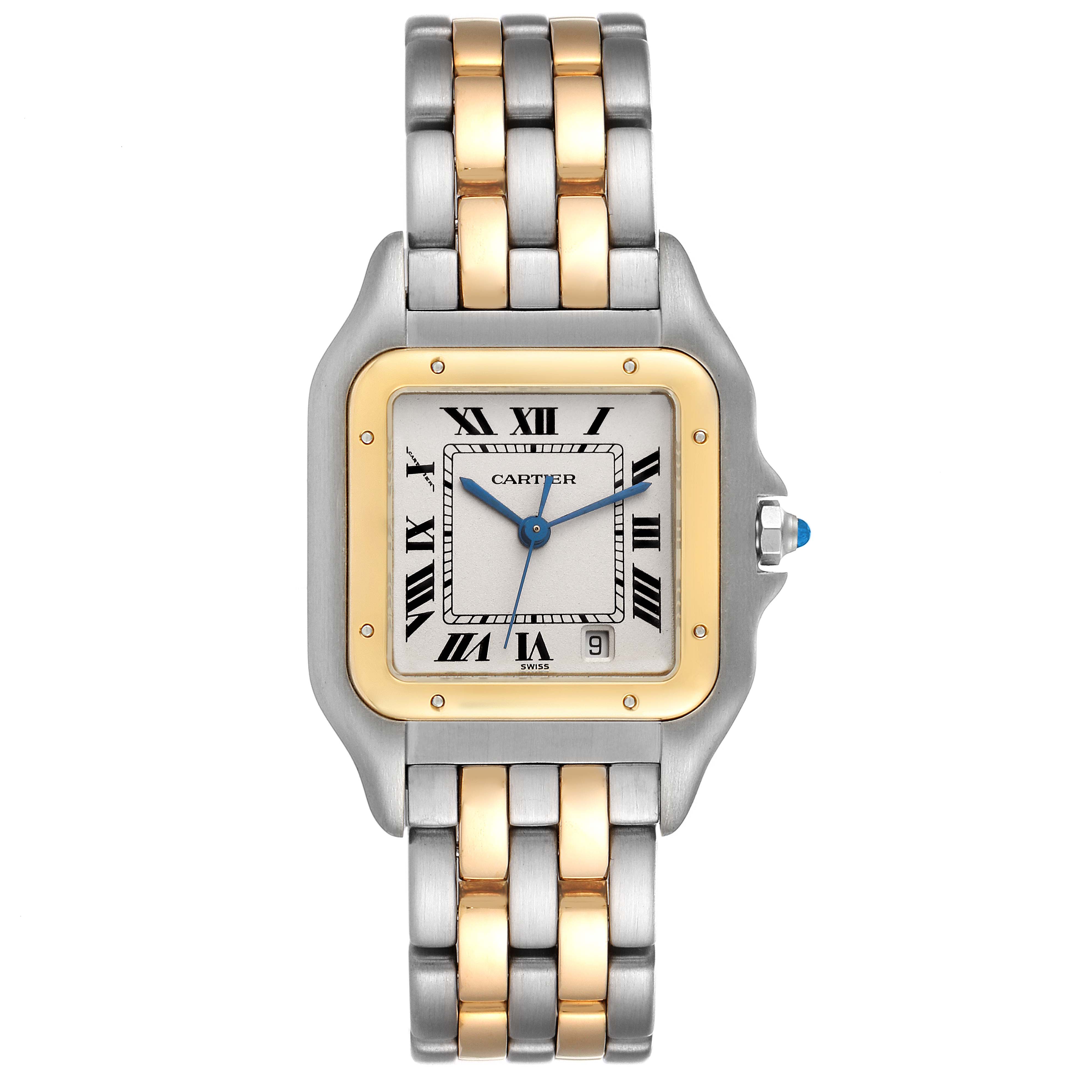 This is a top view of a Cartier Panthere W25028B6 Women's Steel and Gold (two tone) Silver Dial W25028B6 Women's Steel and Gold (two tone) Silver Dial watch, showing the dial, bezel, and two-tone metal bracelet.