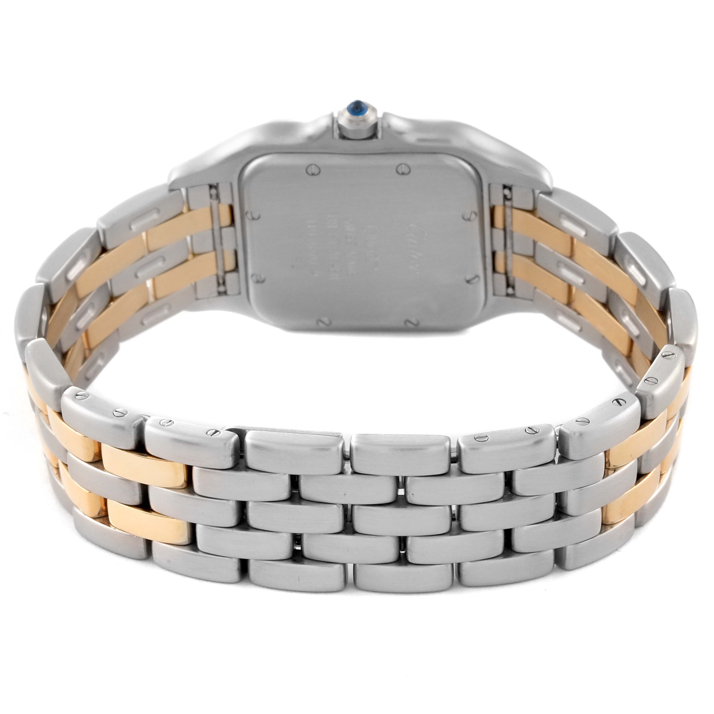 The image shows the back case and bracelet of the Cartier Panthère watch, highlighting the two-tone metal links.