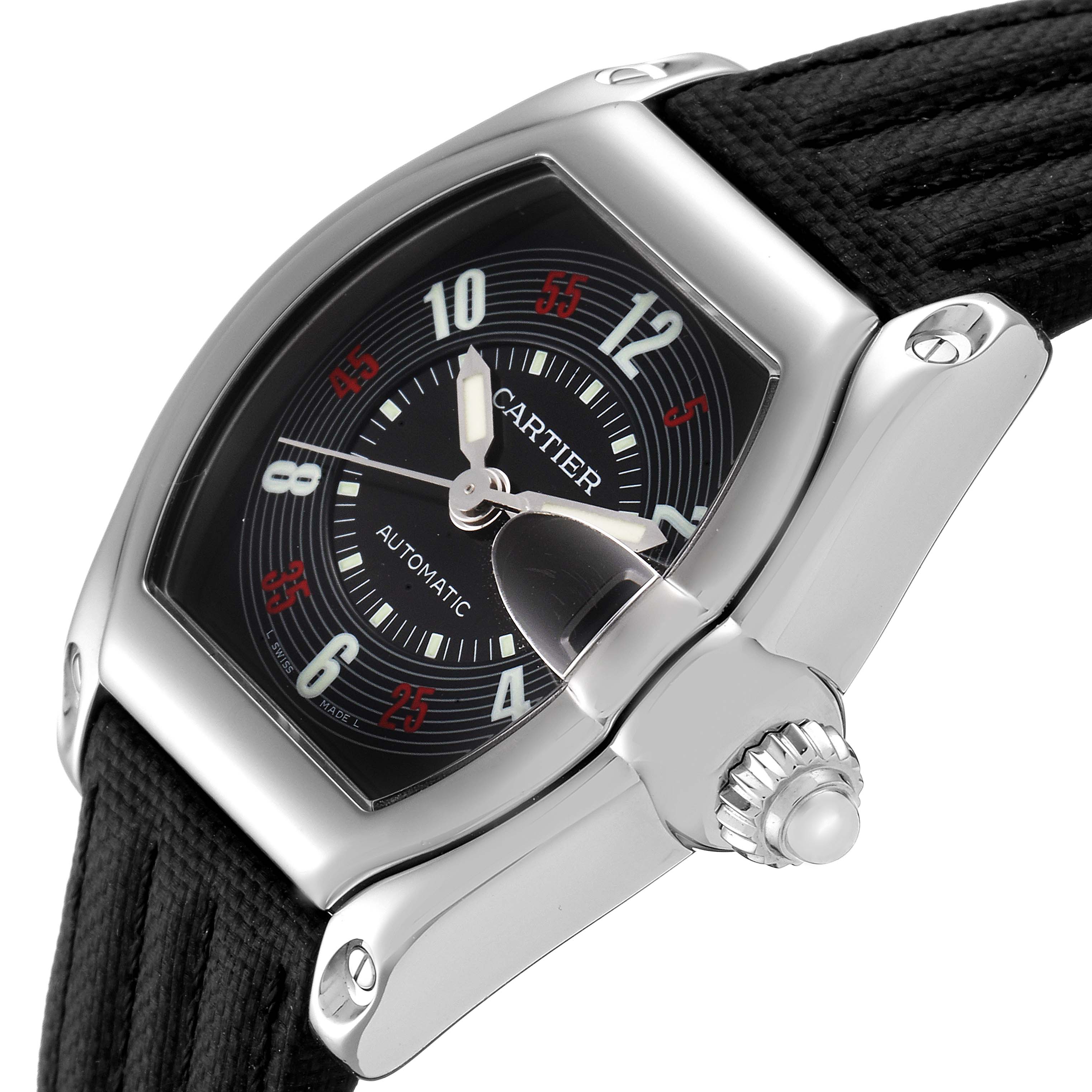 The Cartier Roadster W62002V3 Men
s Stainless Steel Black Dial W62002V3 Men
s Stainless Steel Black Dial watch is shown from a slight angle, highlighting the dial, crown, and part of the strap.