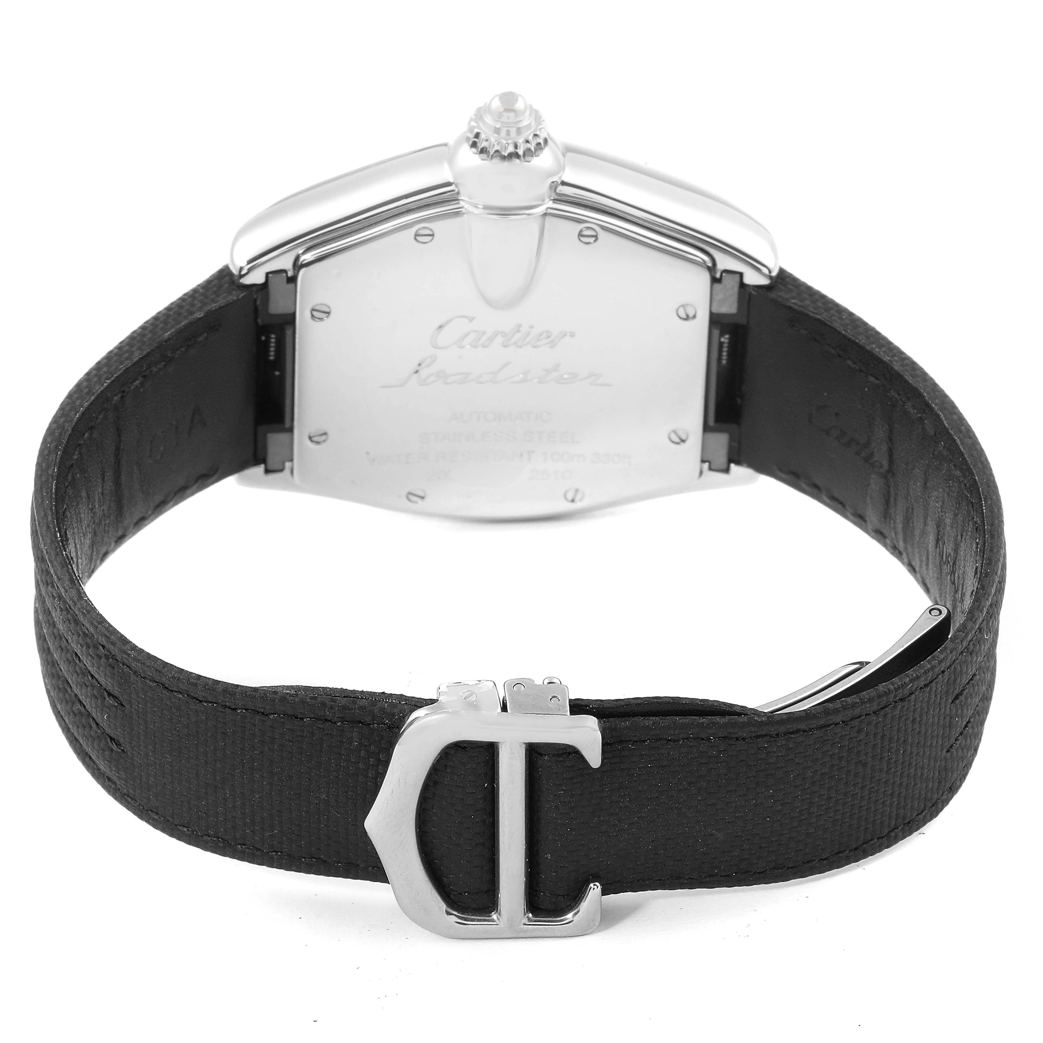 The image shows the back view of the Cartier Roadster W62002V3 Men
s Stainless Steel Black Dial W62002V3 Men
s Stainless Steel Black Dial watch, highlighting its case back, crown, and black strap with a metallic clasp.