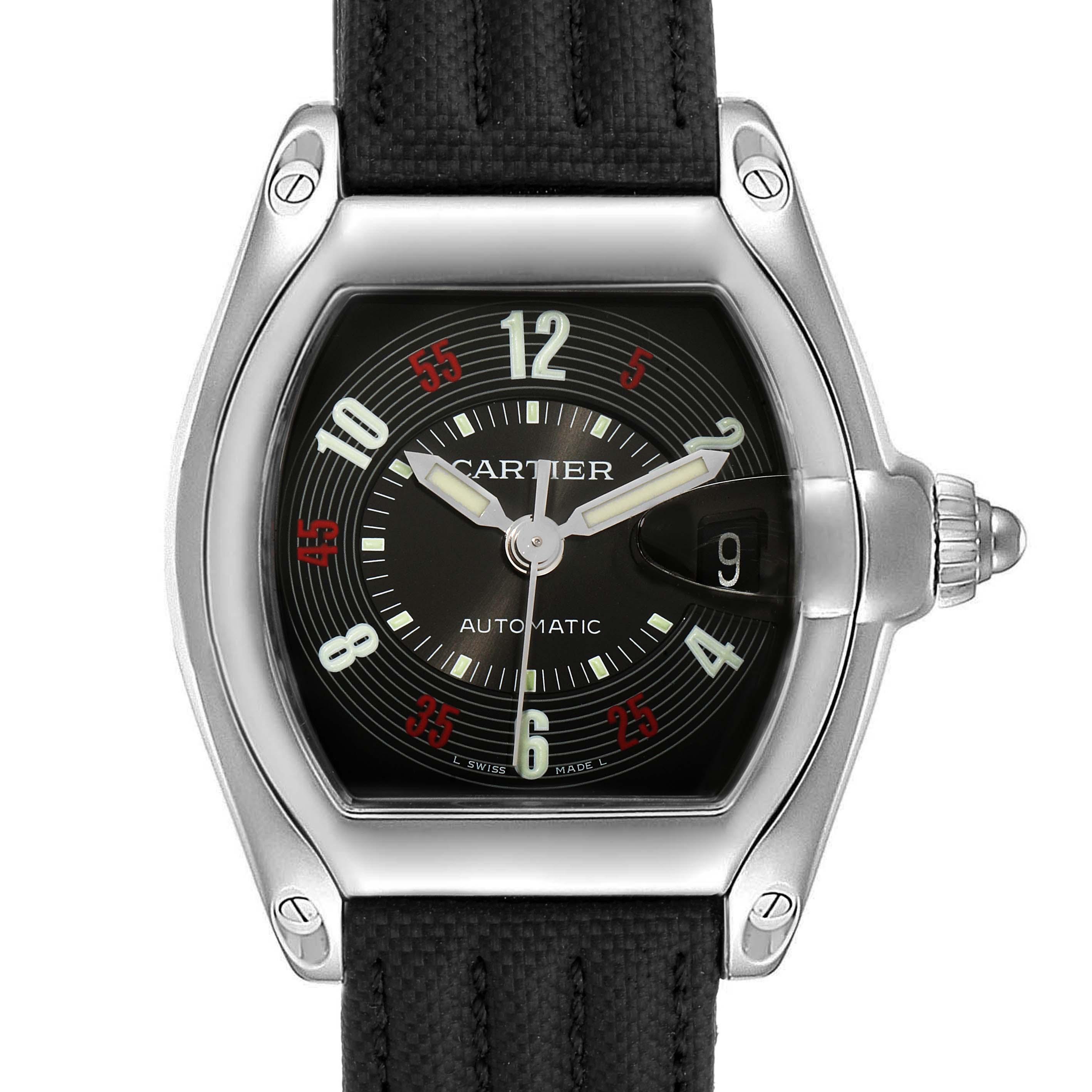 The image shows a frontal view of a Cartier Roadster W62002V3 Men
s Stainless Steel Black Dial W62002V3 Men
s Stainless Steel Black Dial watch, displaying its face, bezel, crown, and part of the strap.