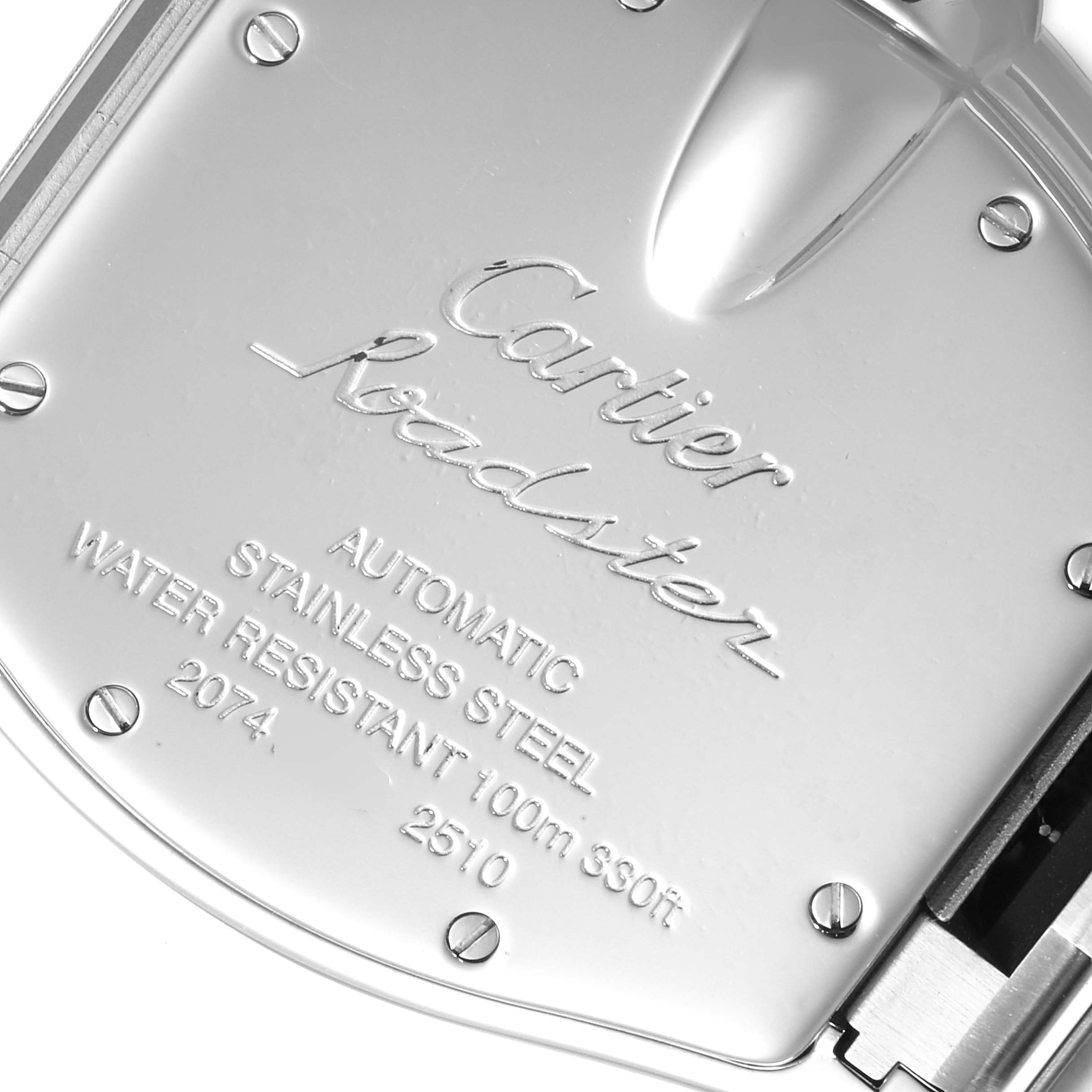 This image shows the back case of the Cartier Roadster W62002V3 Men
s Stainless Steel Black Dial W62002V3 Men
s Stainless Steel Black Dial watch, highlighting the engravings.