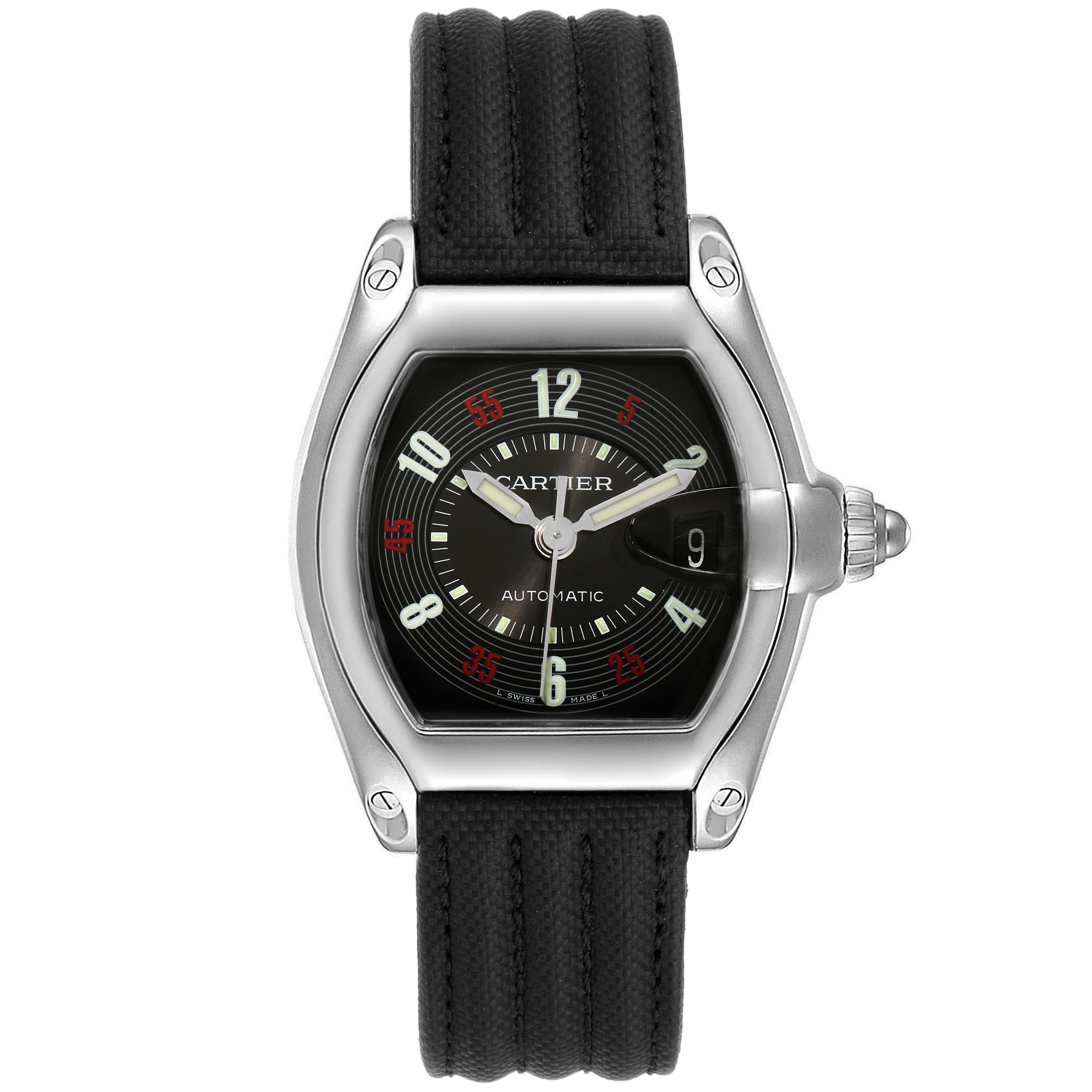 The image displays a front view of the Cartier Roadster W62002V3 Men
s Stainless Steel Black Dial W62002V3 Men
s Stainless Steel Black Dial watch, showing its dial, bezel, and strap.
