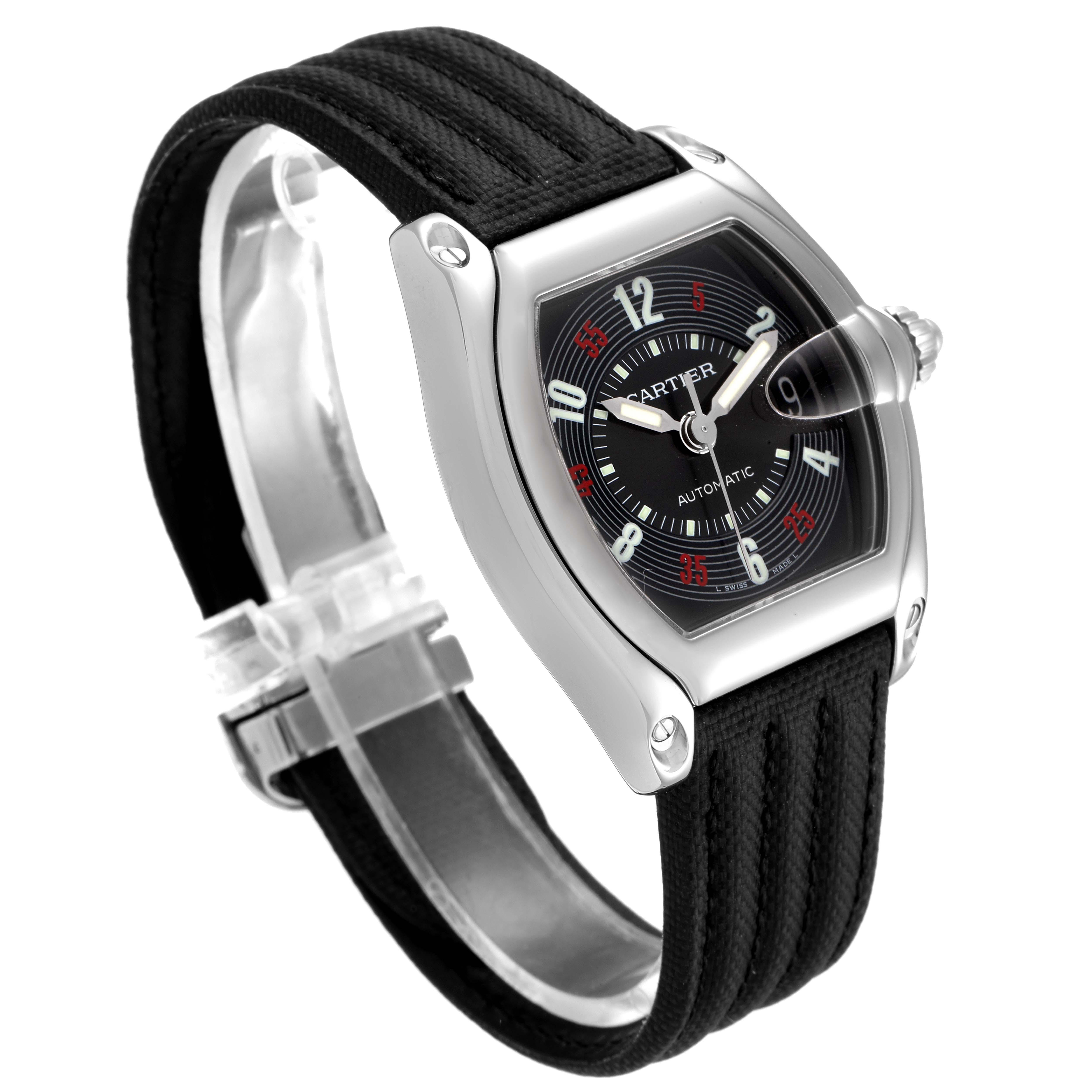 The image shows a Cartier Roadster W62002V3 Men
s Stainless Steel Black Dial W62002V3 Men
s Stainless Steel Black Dial watch at a three-quarter angle featuring its black dial, steel case, and black strap.