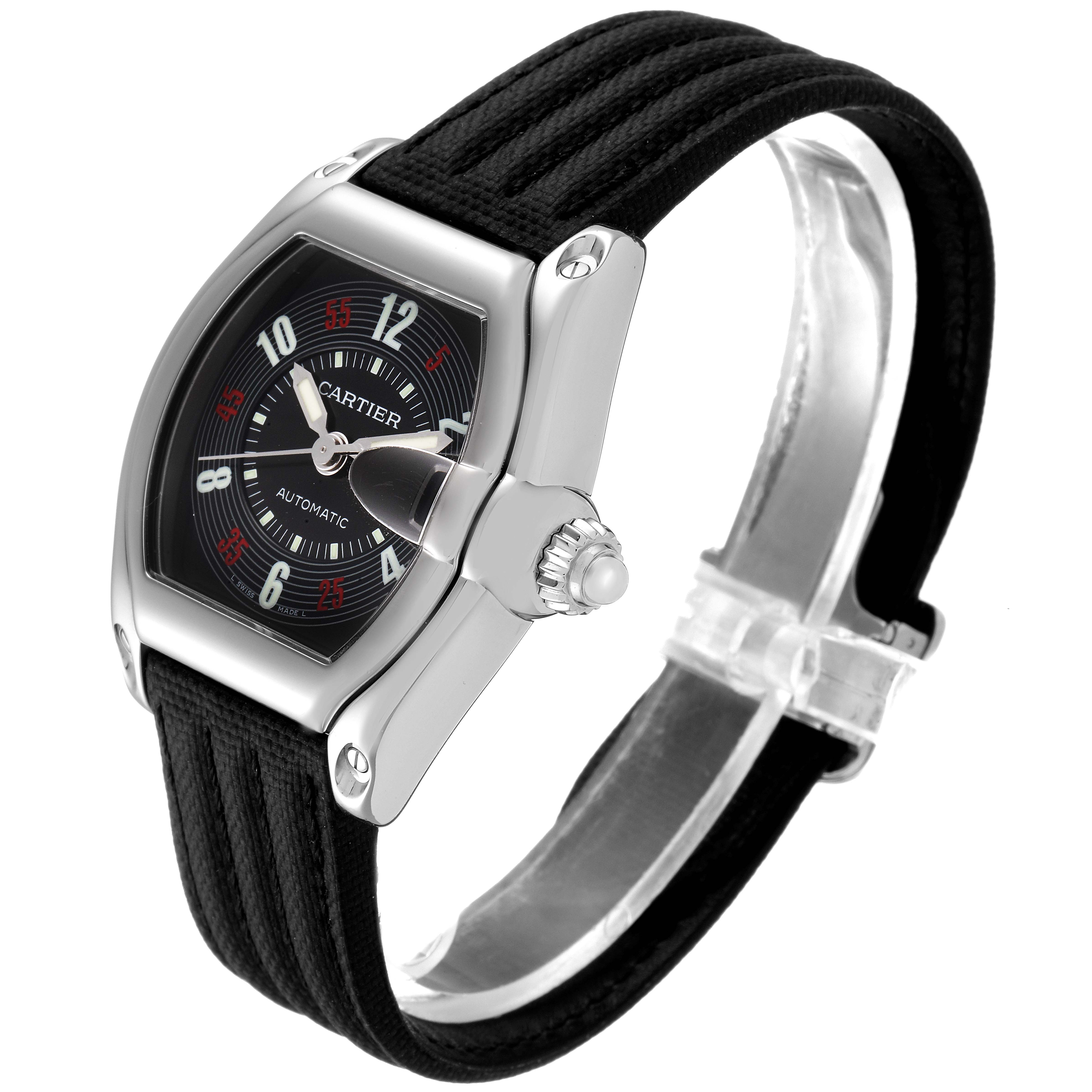 The image shows a side angle of a Cartier Roadster W62002V3 Men
s Stainless Steel Black Dial W62002V3 Men
s Stainless Steel Black Dial watch, highlighting its black dial, strap, and crown.