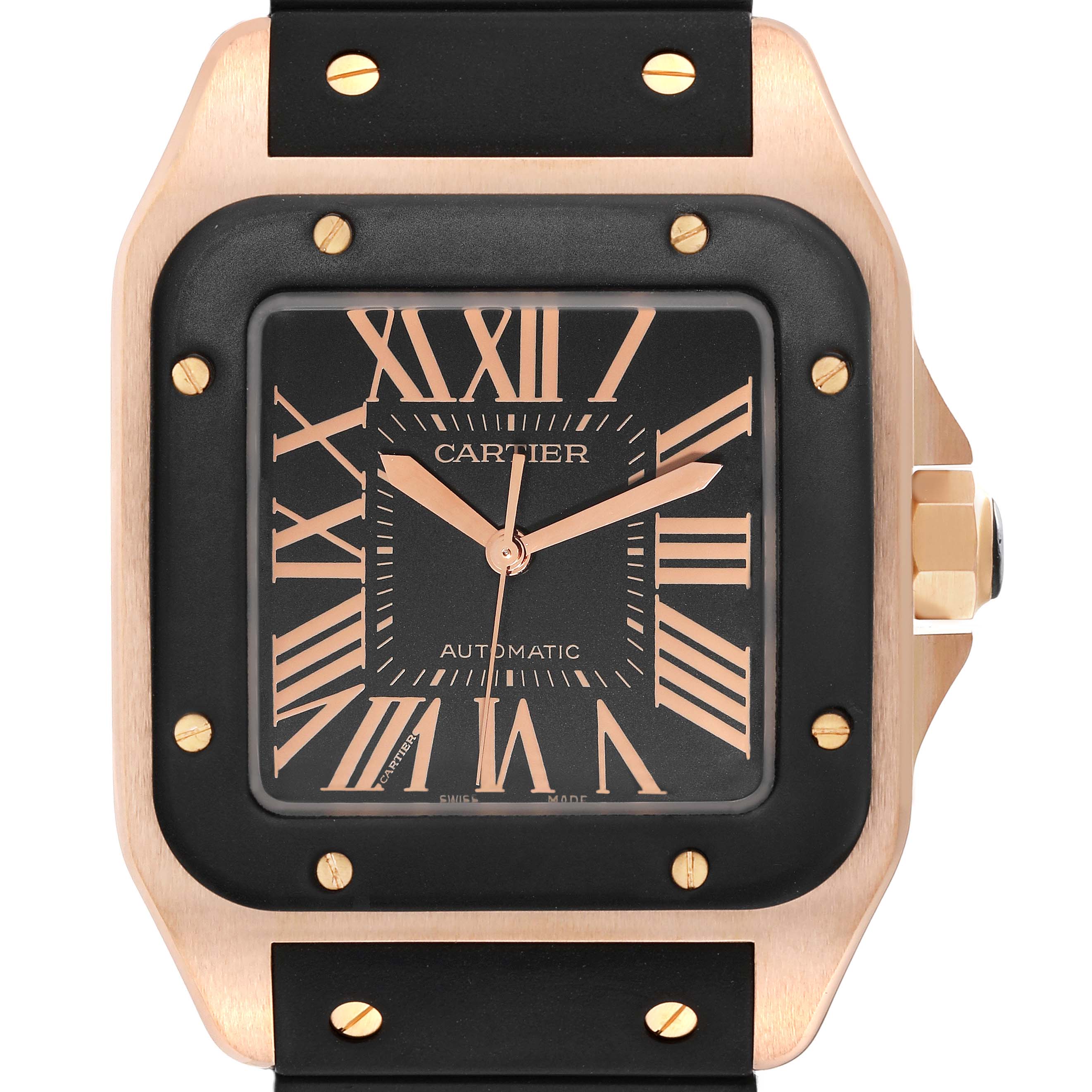 The image shows a close-up of the Cartier Santos W20124U2 Men's Rose Gold Black Dial W20124U2 Men's Rose Gold Black Dial model watch face and part of the strap, highlighting its design and details.