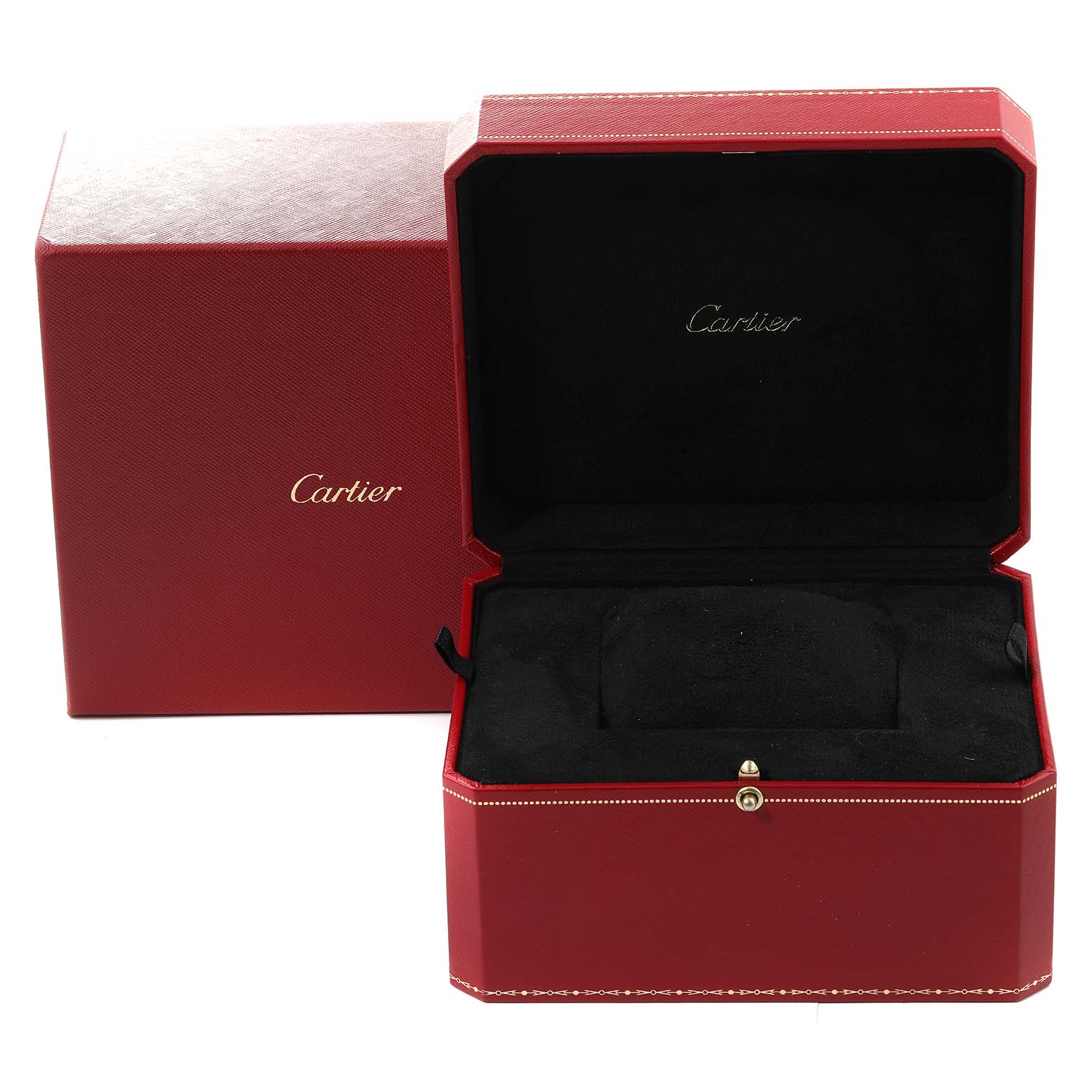 The image shows an open red Cartier watch box for the Santos model, with its lid open and interior visible, alongside its outer box.