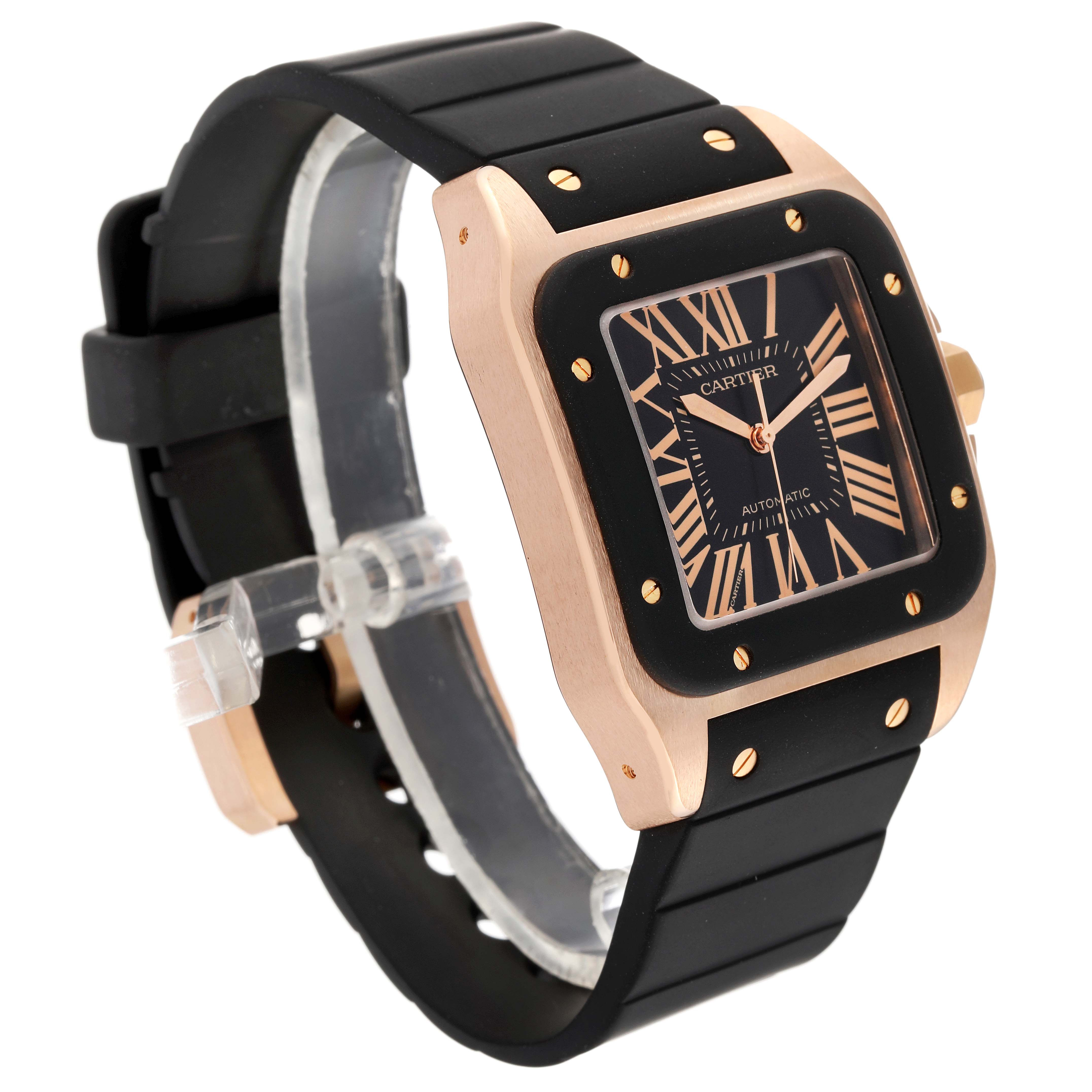 This image shows a Cartier Santos W20124U2 Men's Rose Gold Black Dial W20124U2 Men's Rose Gold Black Dial watch at an angle highlighting the face, strap, and casing.