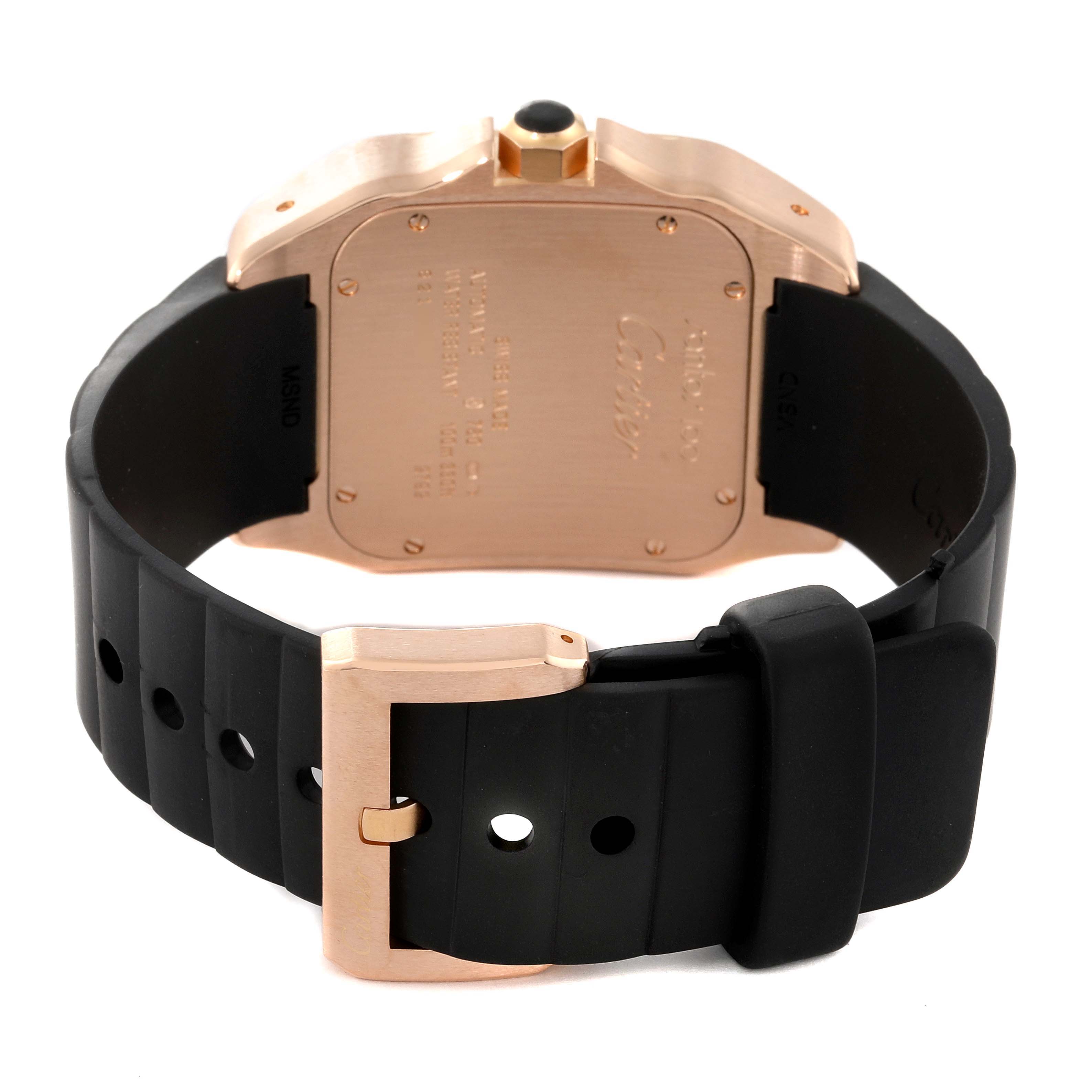 This image shows the back angle of a Cartier Santos W20124U2 Men's Rose Gold Black Dial W20124U2 Men's Rose Gold Black Dial watch, highlighting its case back, black strap, and rose gold buckle.