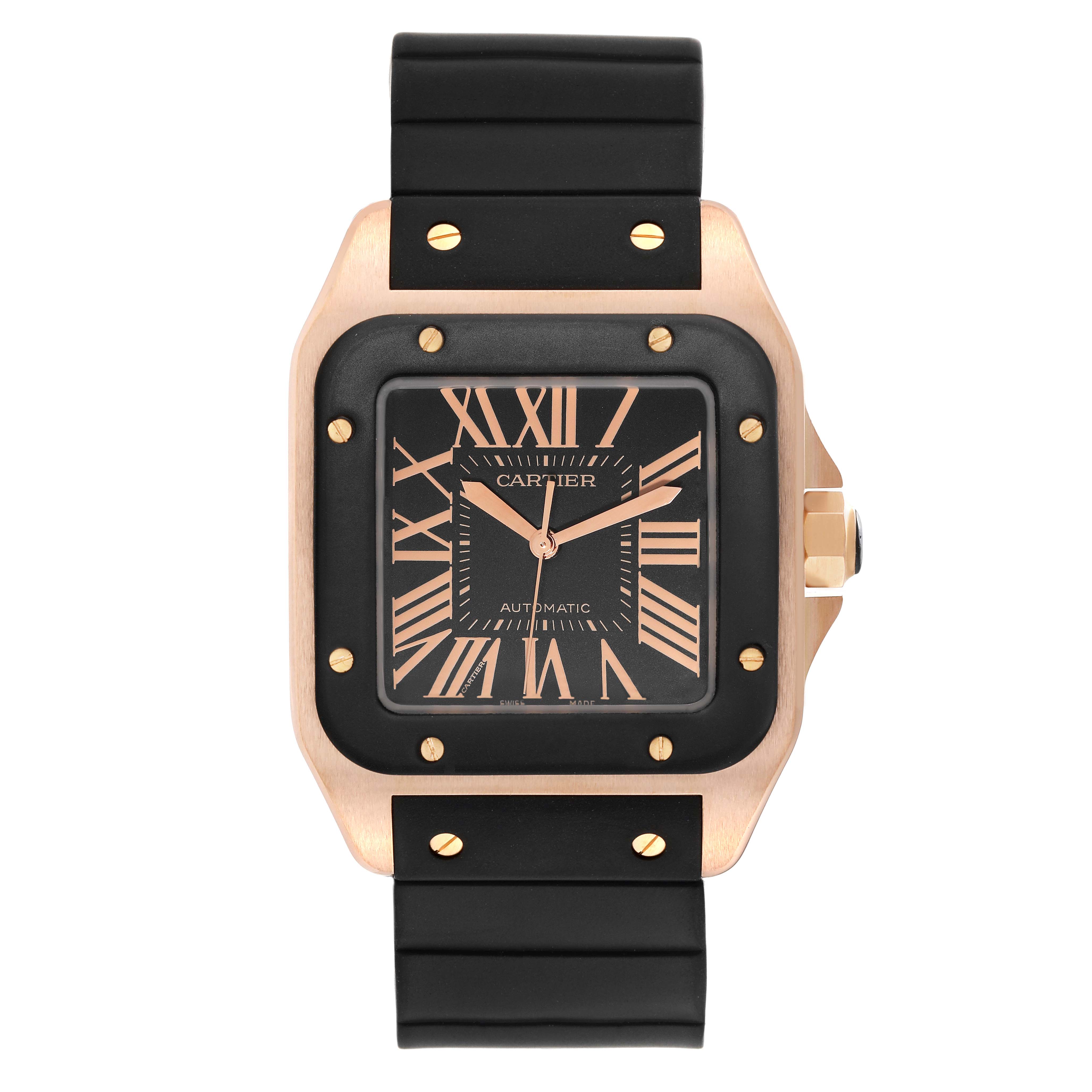This is a head-on view of the Cartier Santos W20124U2 Men's Rose Gold Black Dial W20124U2 Men's Rose Gold Black Dial watch, showing the face, bezel, crown, and the beginning of the strap.