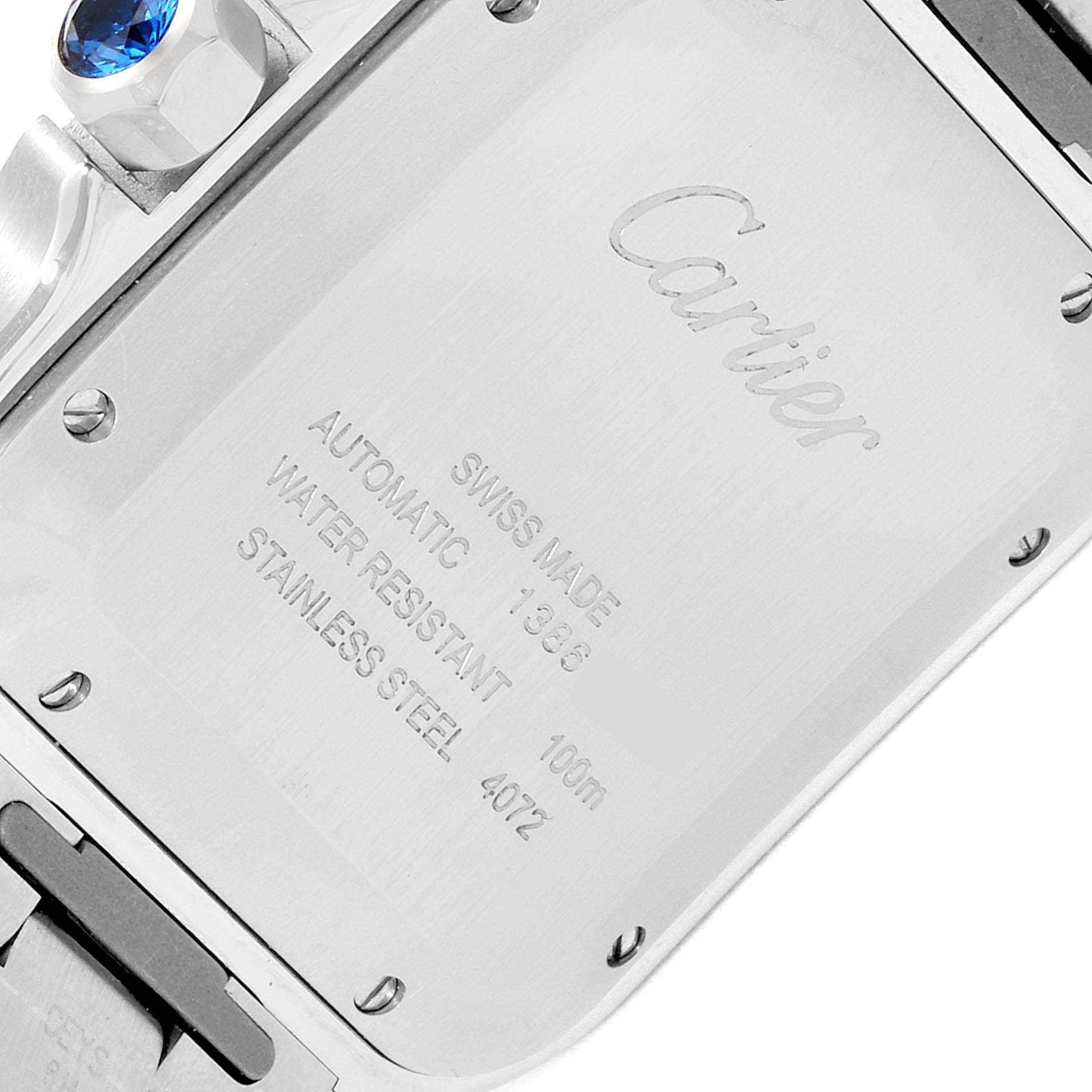 This image shows the back of a Santos model by Cartier, displaying specifications including "Automatic," "Swiss Made," and "Water Resistant."