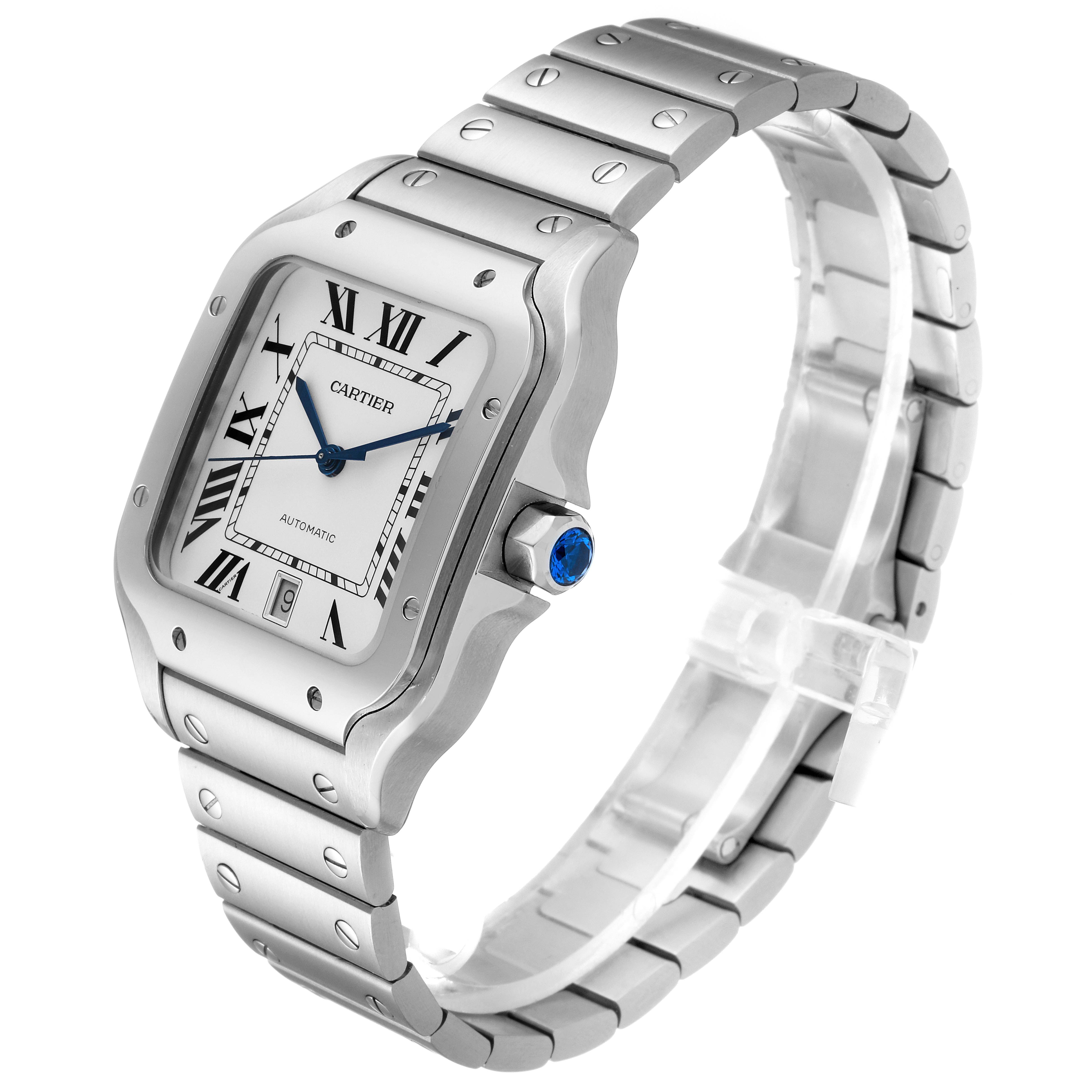 This is a side angle view of a Santos model by Cartier showing the watch face, bezel, crown, and bracelet.