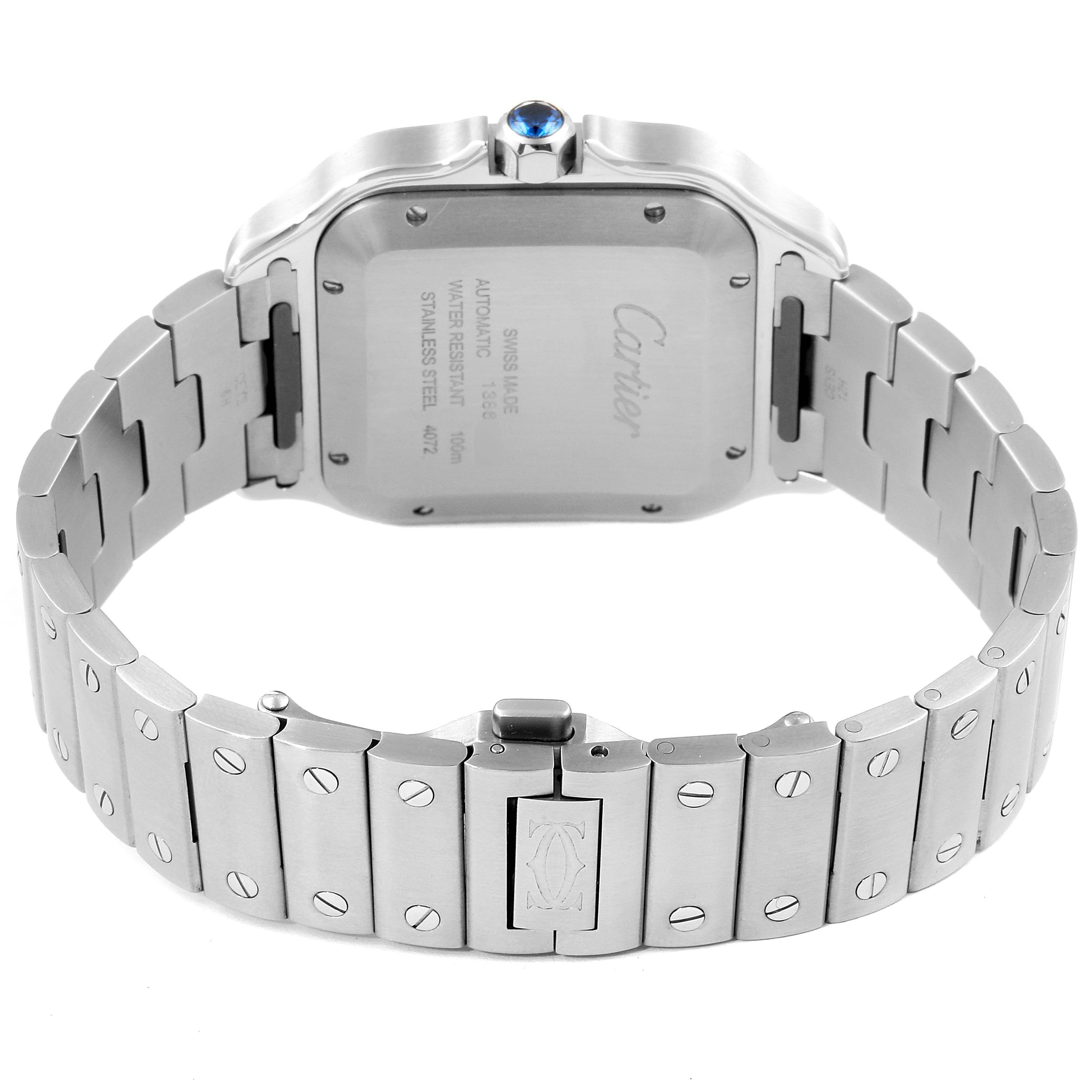 This image shows the back view and bracelet of the Santos model by Cartier, highlighting the case back and clasp.