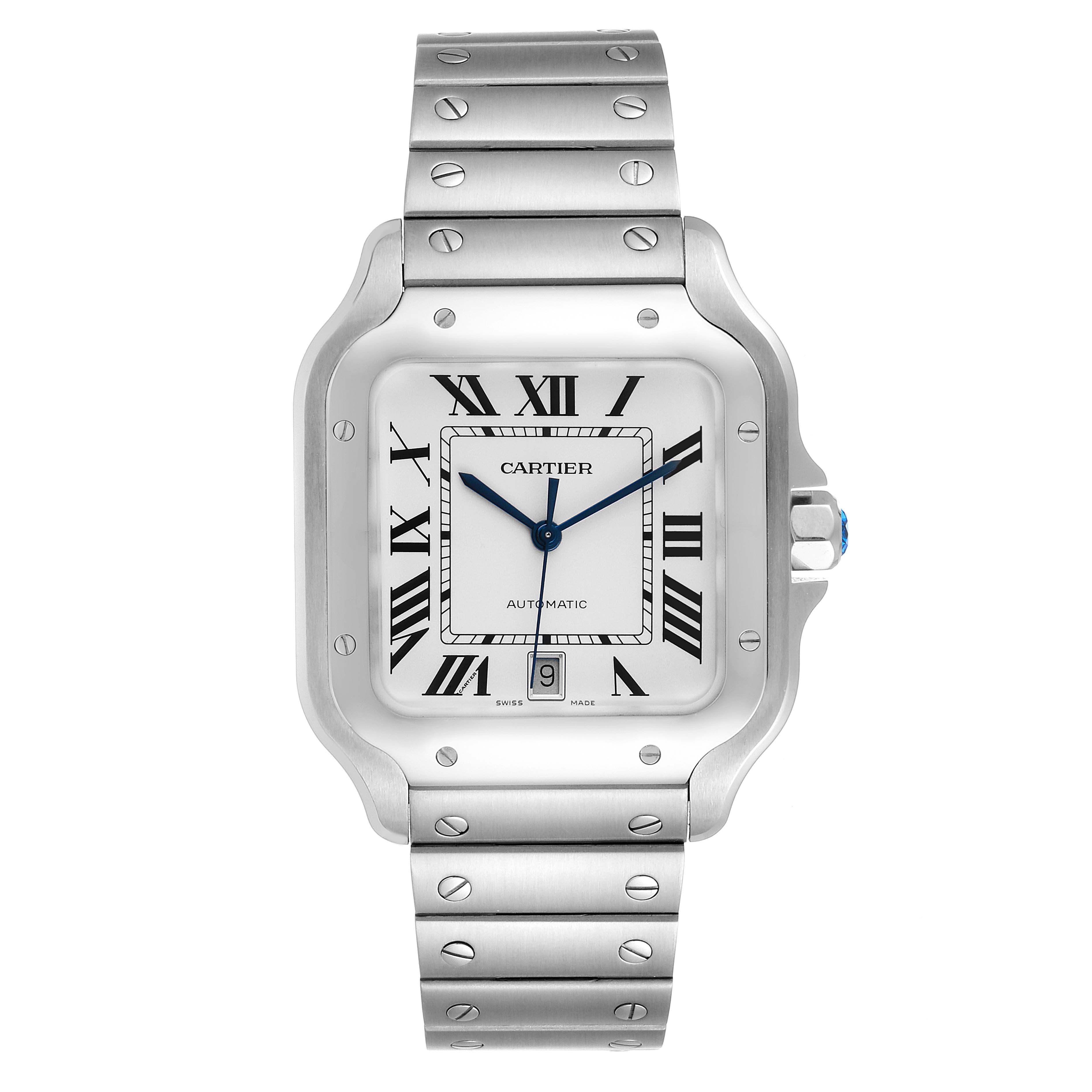 The Cartier Santos WSSA0018 Men
s Stainless Steel Silver Dial WSSA0018 Men
s Stainless Steel Silver Dial model watch is shown from the front, highlighting its face, bezel, case, and bracelet.