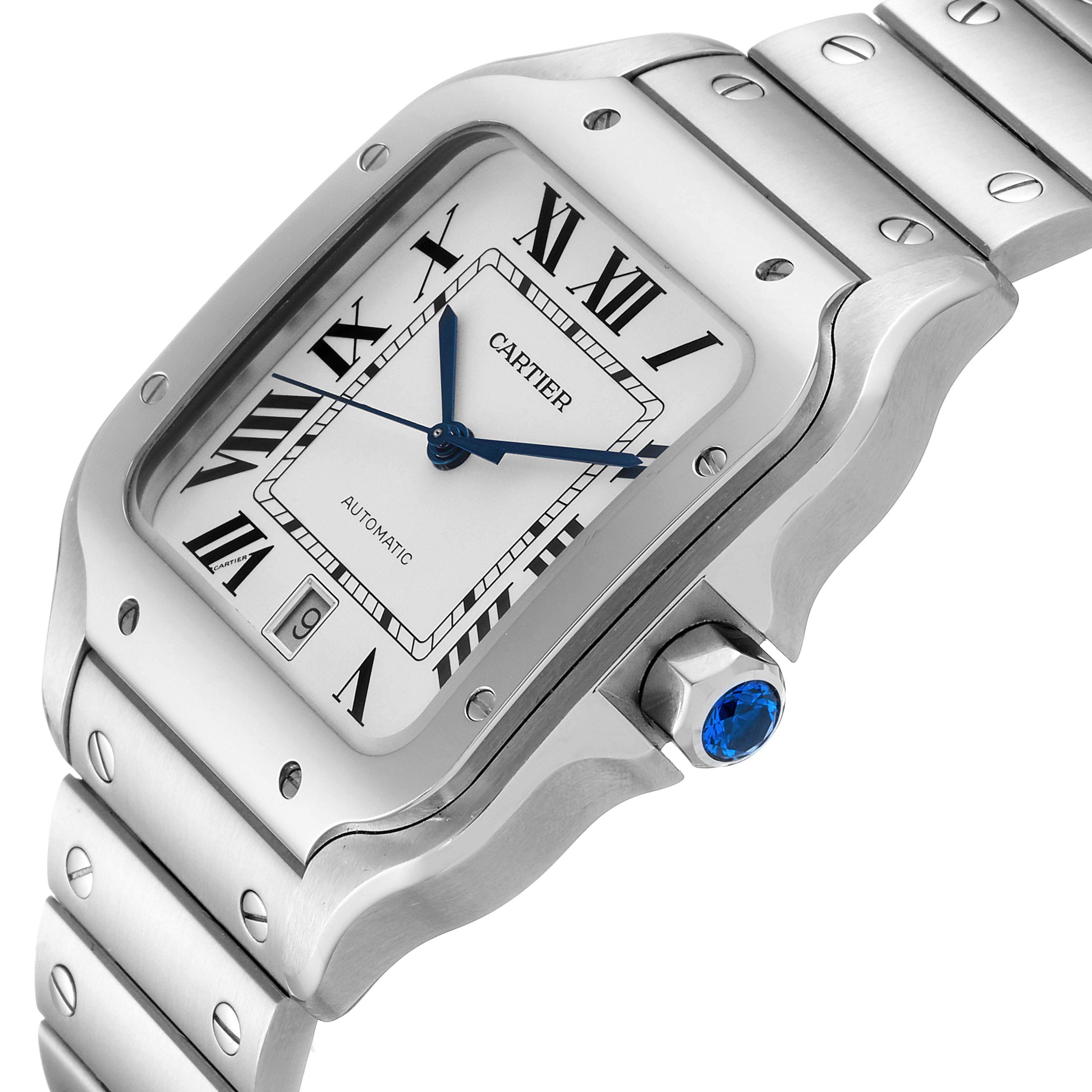 This image shows a close-up angled view of the face and part of the bracelet of a Santos model by Cartier.