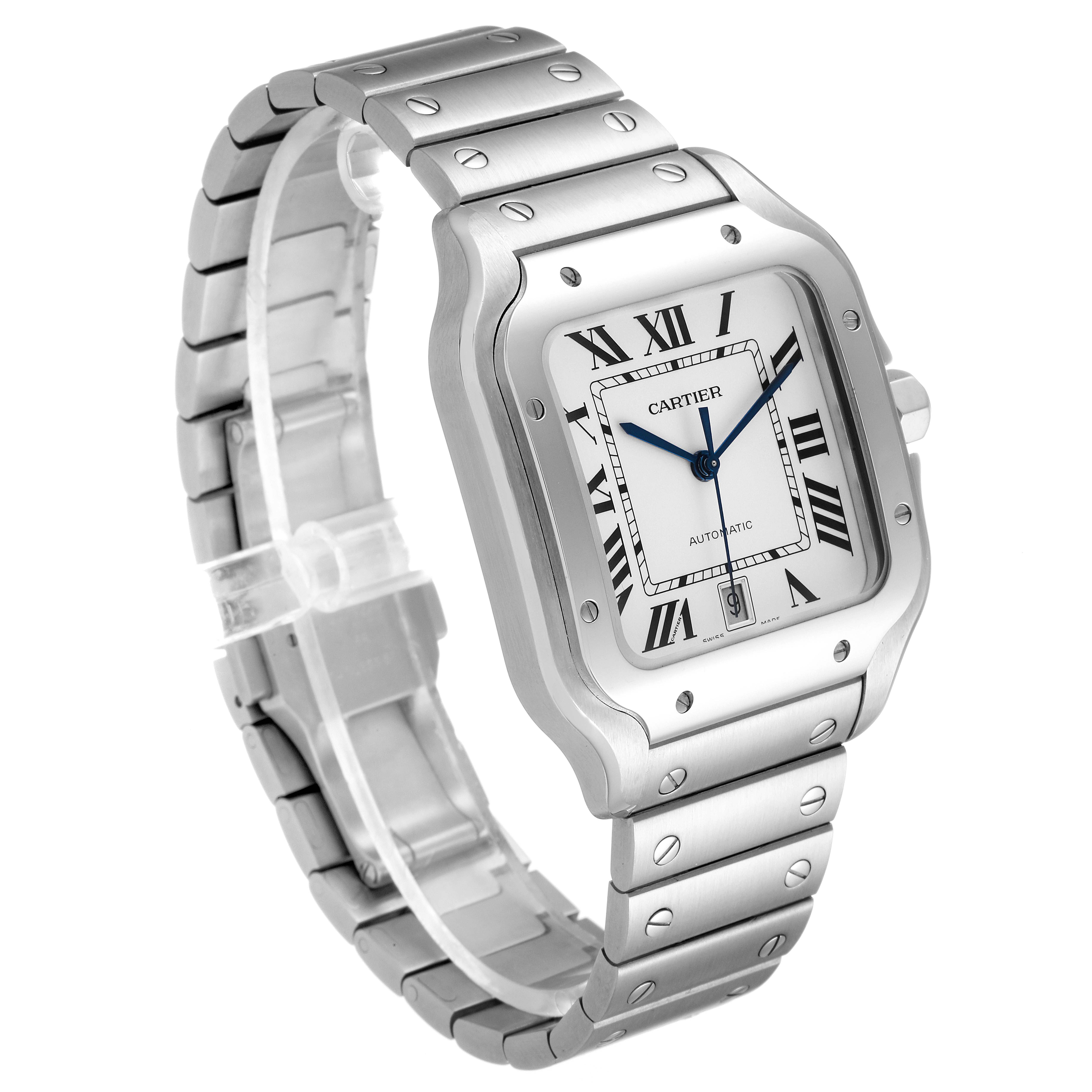 This image shows a Cartier Santos WSSA0018 Men
s Stainless Steel Silver Dial WSSA0018 Men
s Stainless Steel Silver Dial watch at a three-quarter angle, displaying the face, bezel, and metal bracelet.