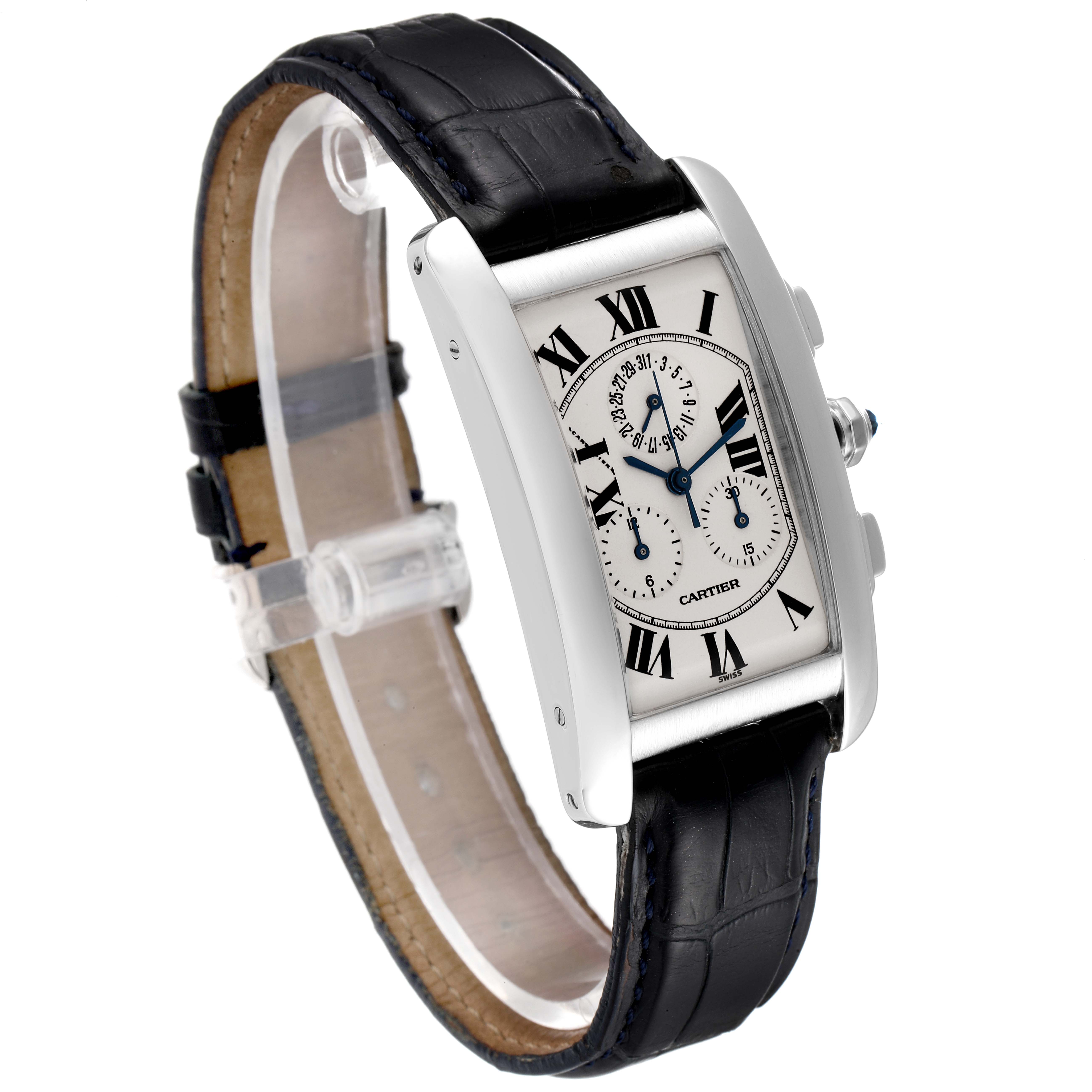 The image shows a Cartier Tank Americaine W2603358 Men's White Gold Silver Dial W2603358 Men's White Gold Silver Dial watch at a three-quarter angle, displaying its face, strap, and side crown.