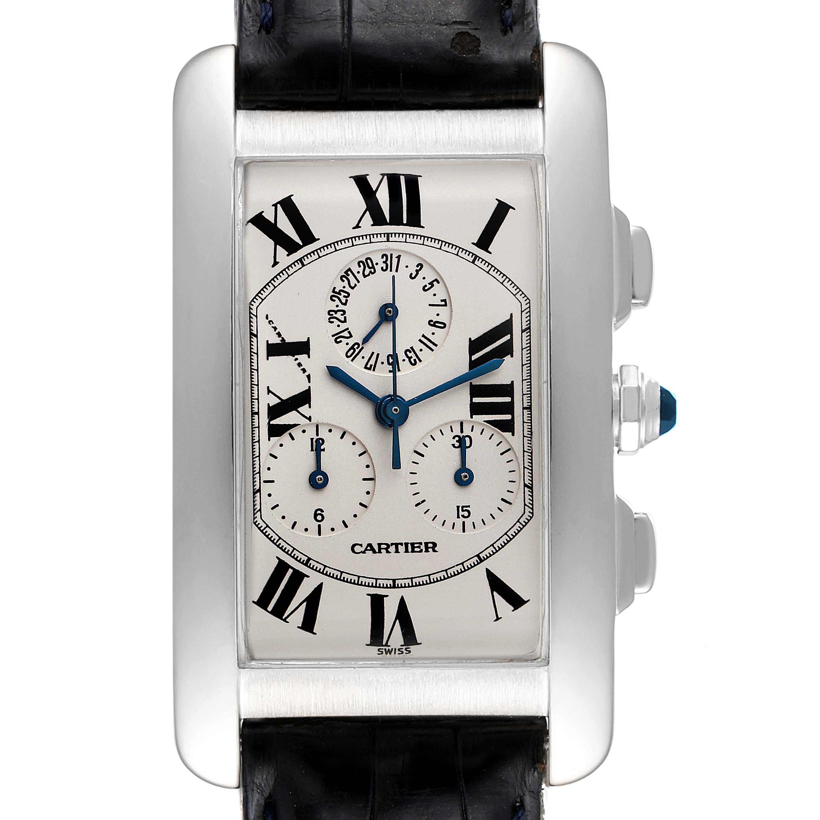 The image shows a straight-on view of a Cartier Tank Americaine W2603358 Men's White Gold Silver Dial W2603358 Men's White Gold Silver Dial watch, highlighting the rectangular face, Roman numerals, and subdials.