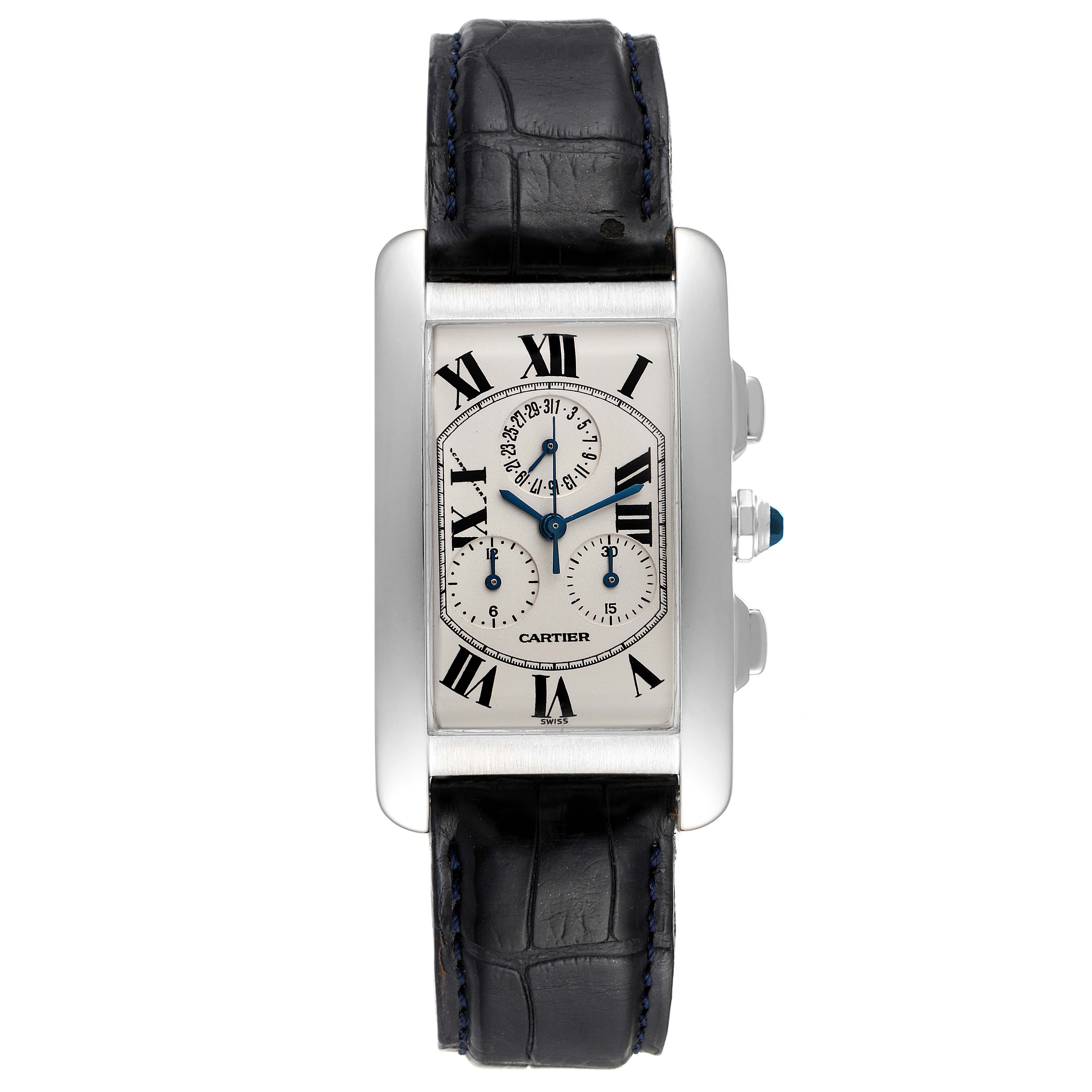 This image shows a front view of the Cartier Tank Americaine W2603358 Men's White Gold Silver Dial W2603358 Men's White Gold Silver Dial watch, showcasing its rectangular dial with Roman numerals and leather strap.