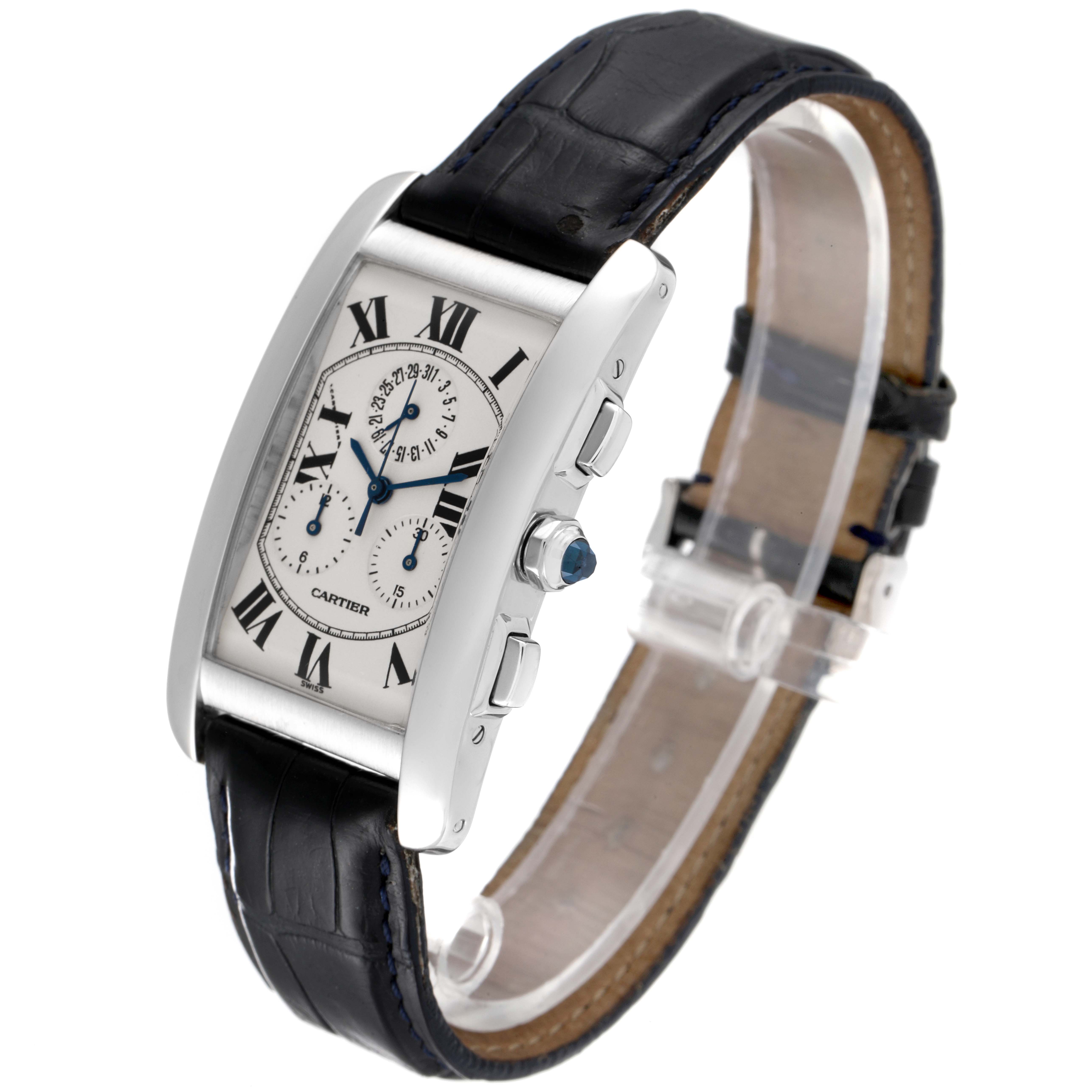 The image shows a Cartier Tank Americaine W2603358 Men's White Gold Silver Dial W2603358 Men's White Gold Silver Dial watch, angled to display the face, crown, side buttons, and leather strap.