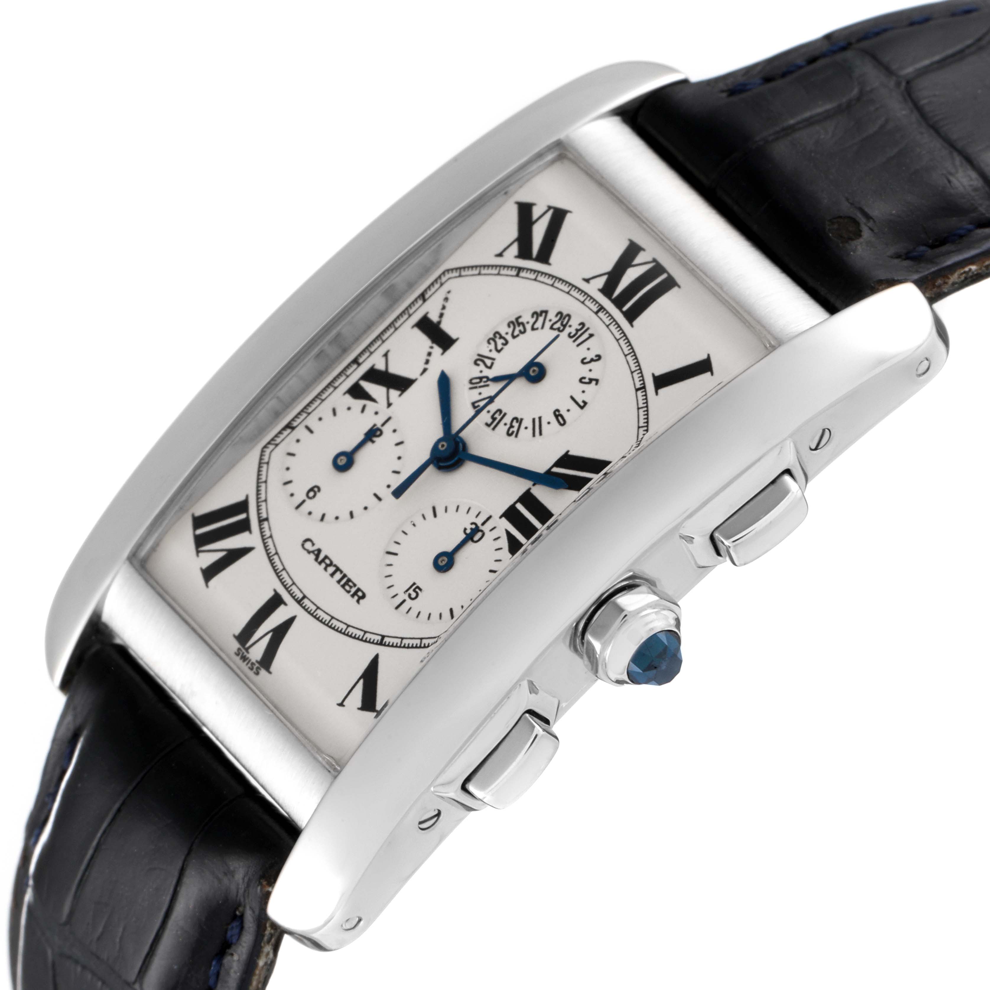 The Cartier Tank Americaine W2603358 Men's White Gold Silver Dial W2603358 Men's White Gold Silver Dial watch is shown at an angle displaying its face, side buttons, and part of the leather strap.