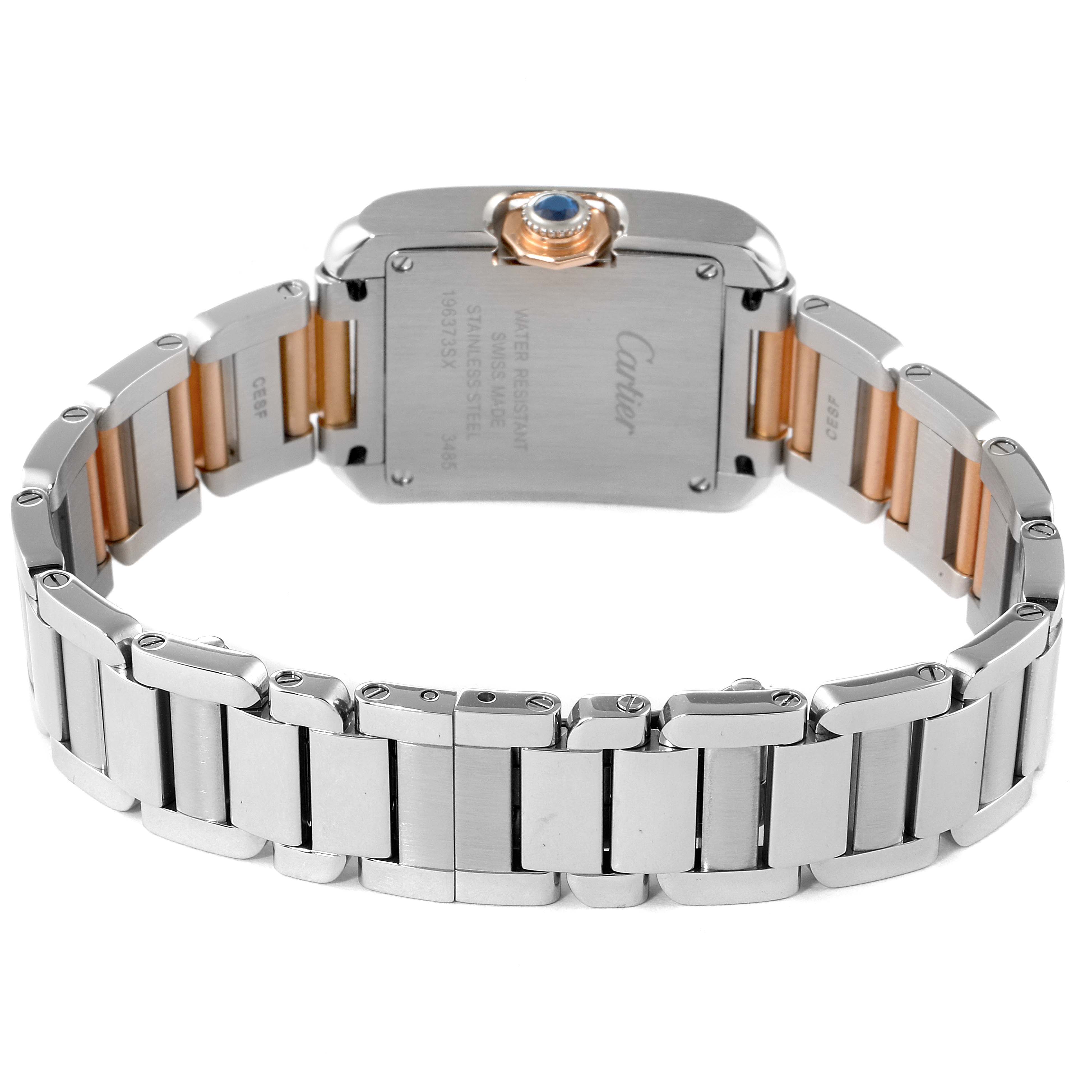 The image shows the back view of a Cartier Tank Anglaise W5310019 Women's Steel and Gold (two tone) Silver Dial W5310019 Women's Steel and Gold (two tone) Silver Dial watch, displaying the case back, bracelet, and crown.