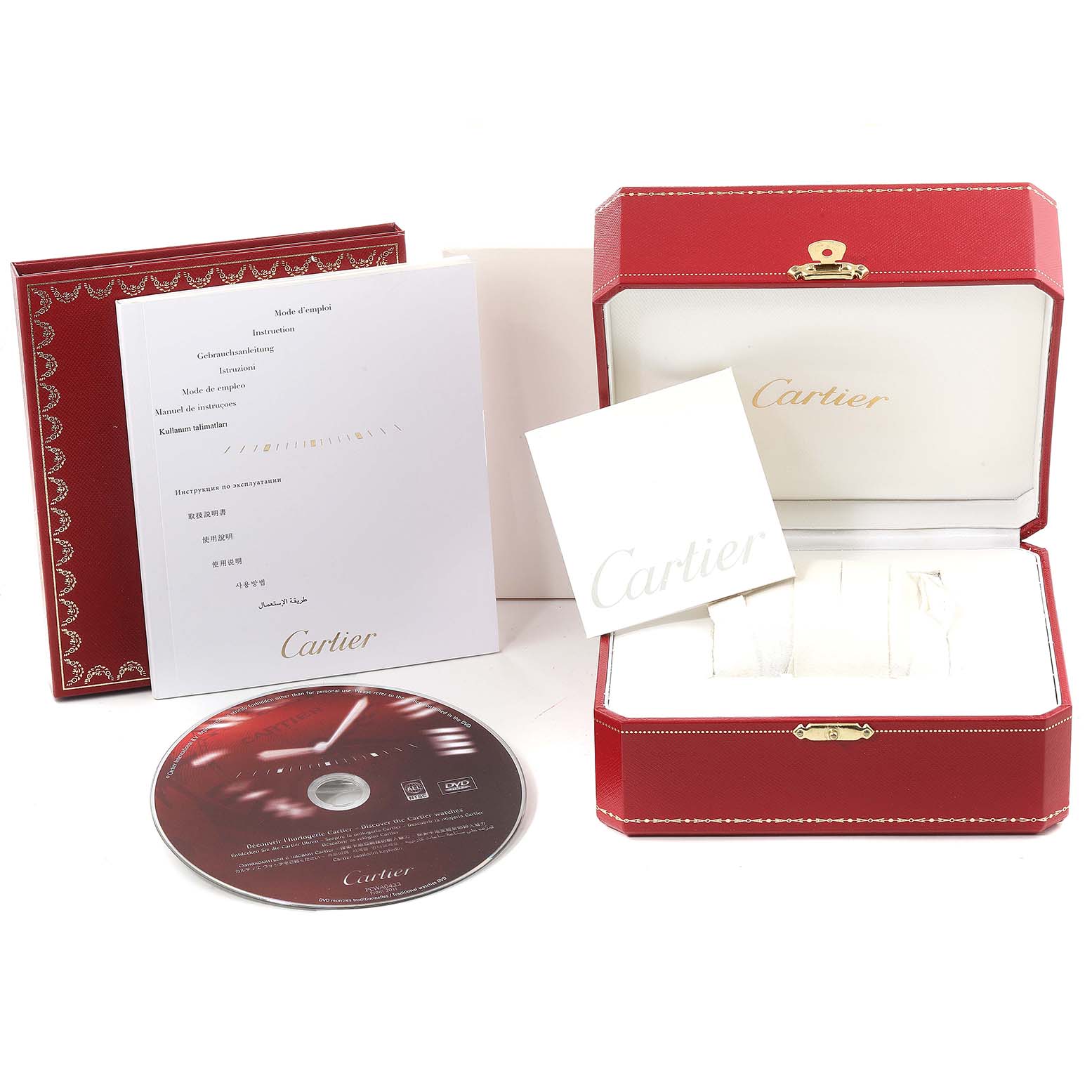 This image shows the packaging, manuals, and accessories for a Cartier Tank Anglaise W5310019 Women's Steel and Gold (two tone) Silver Dial W5310019 Women's Steel and Gold (two tone) Silver Dial watch.