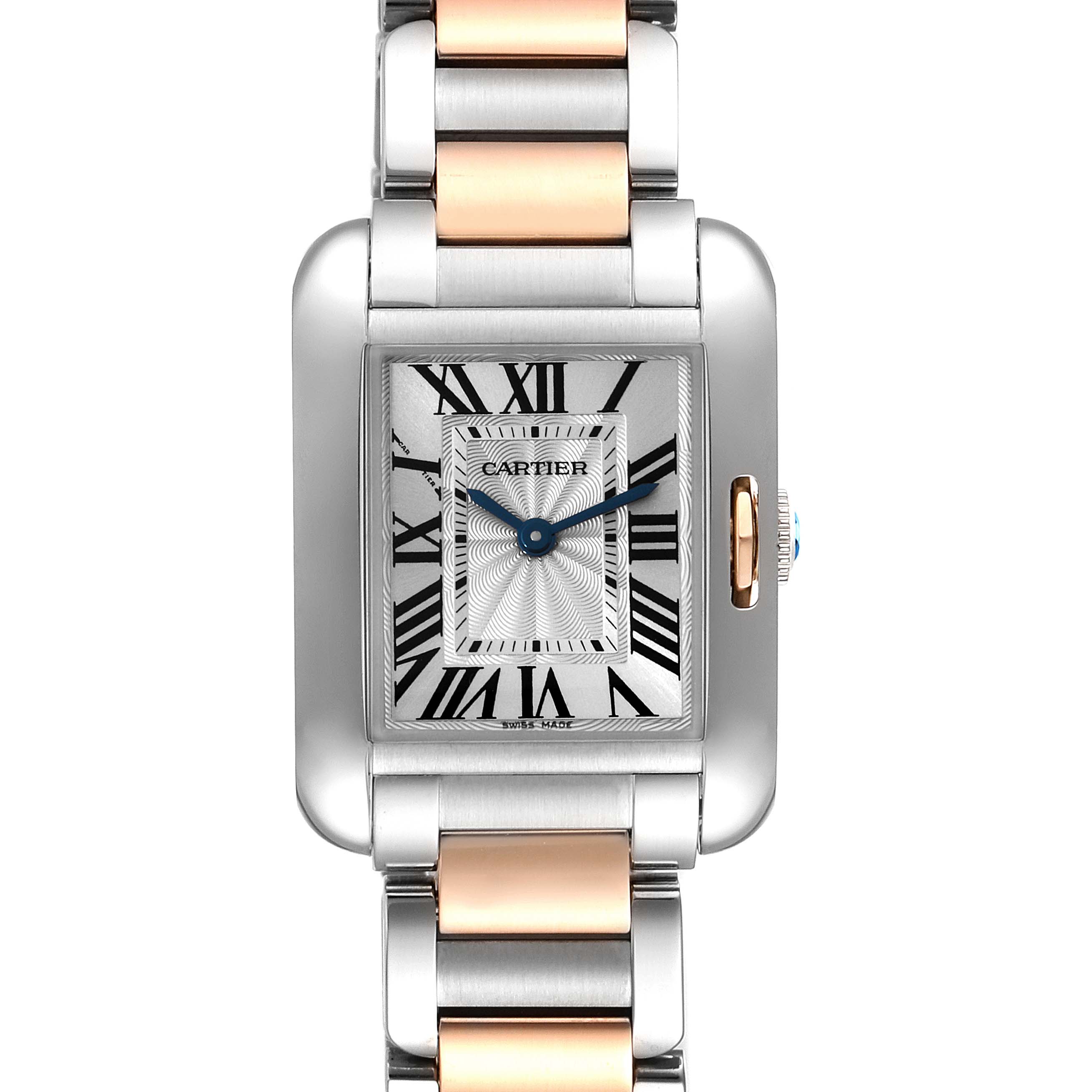 The Cartier Tank Anglaise W5310019 Women's Steel and Gold (two tone) Silver Dial W5310019 Women's Steel and Gold (two tone) Silver Dial watch is shown from the front angle, highlighting its rectangular dial and two-tone metal bracelet.