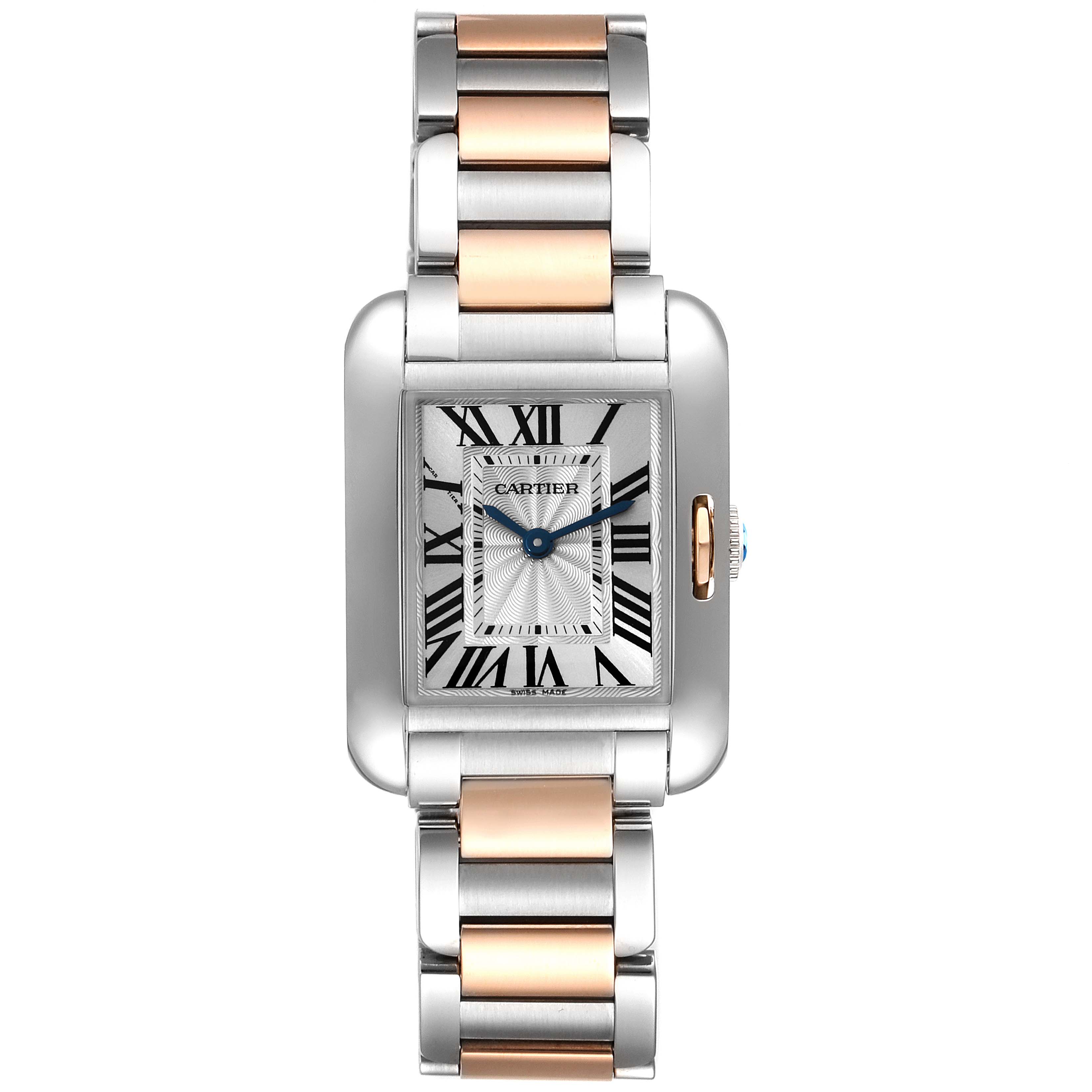 The image shows a front view of a Cartier Tank Anglaise W5310019 Women's Steel and Gold (two tone) Silver Dial W5310019 Women's Steel and Gold (two tone) Silver Dial watch, highlighting its face and metal bracelet.