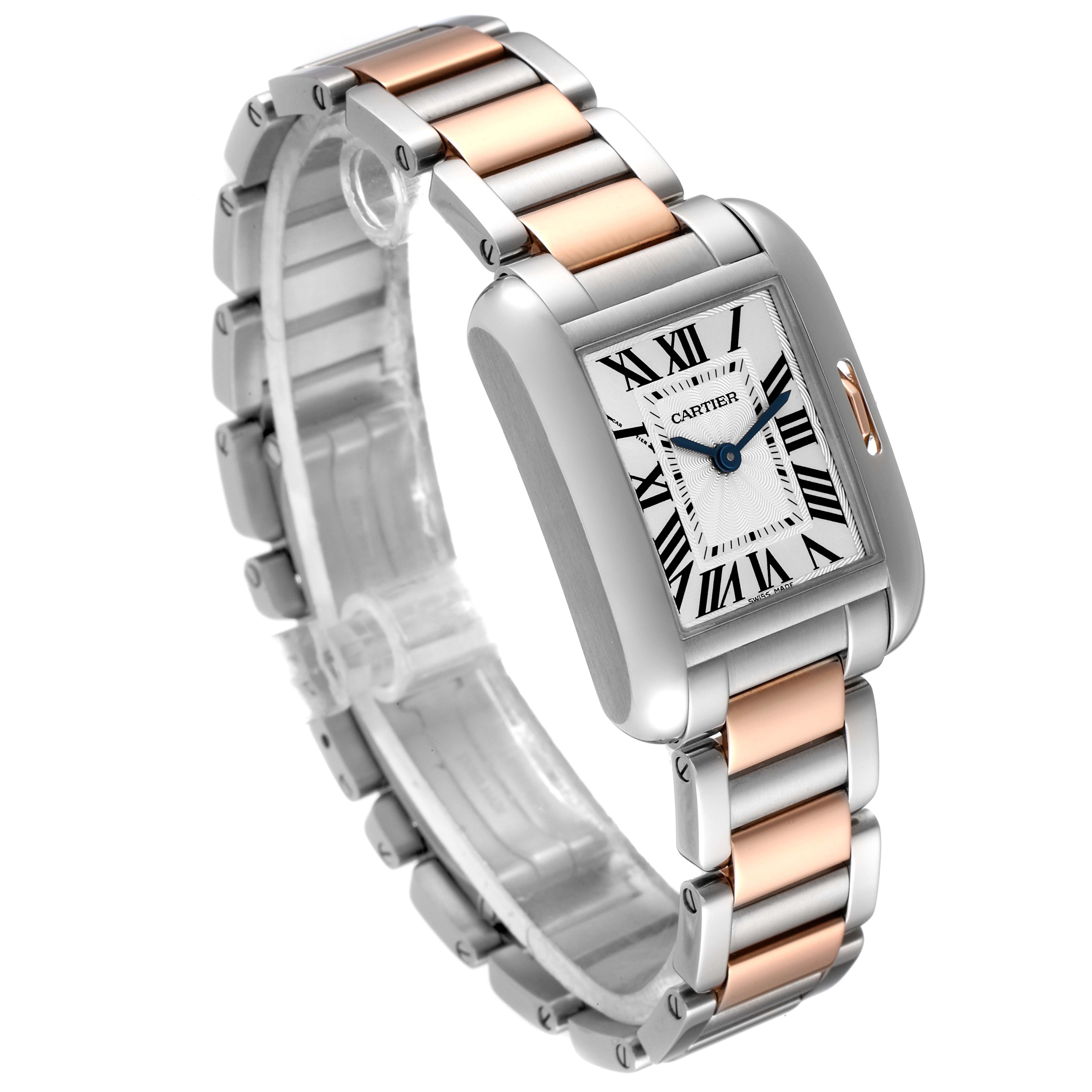 The image shows an angled view of the Cartier Tank Anglaise W5310019 Women's Steel and Gold (two tone) Silver Dial W5310019 Women's Steel and Gold (two tone) Silver Dial watch, highlighting the two-tone bracelet and rectangular face.