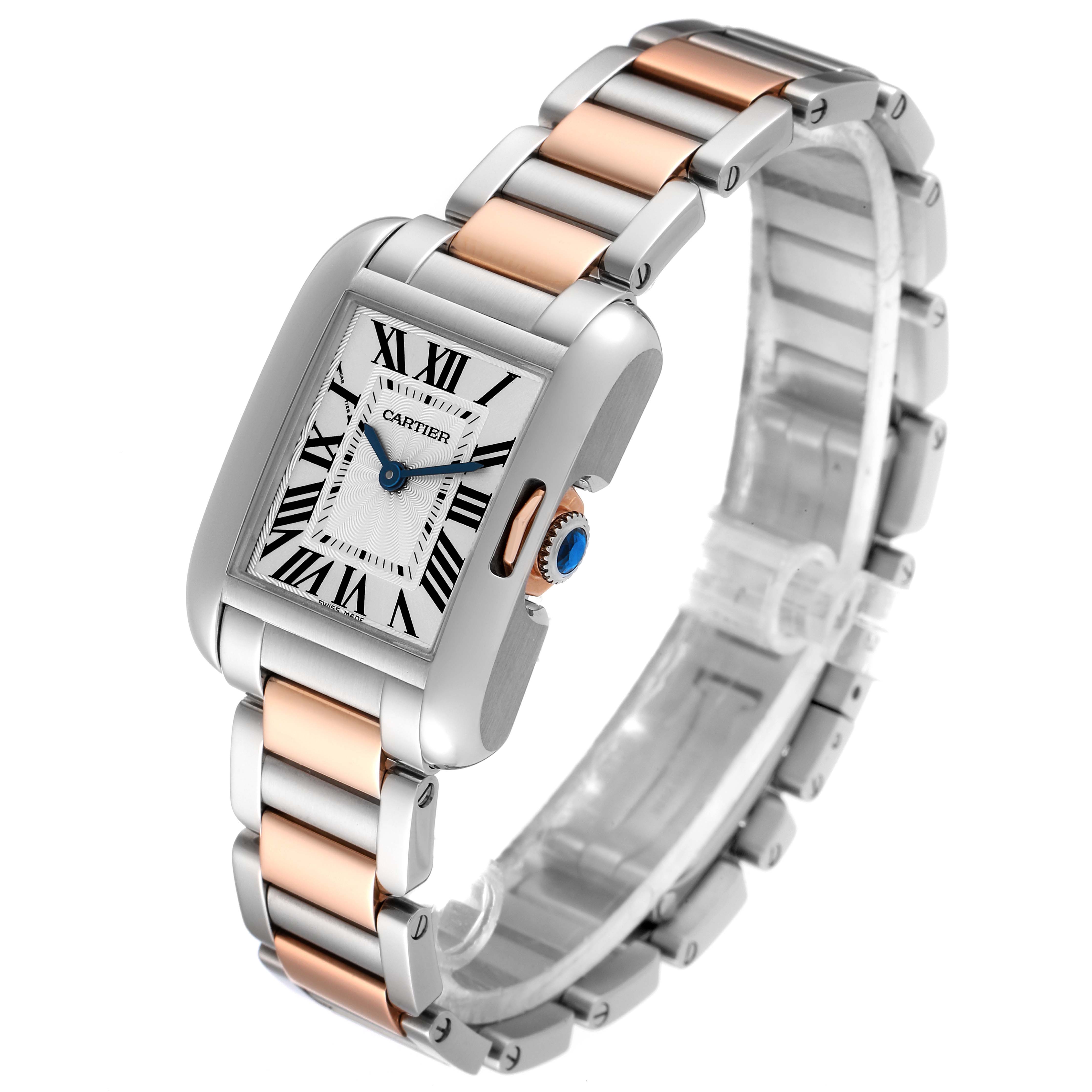 This image shows a Cartier Tank Anglaise W5310019 Women's Steel and Gold (two tone) Silver Dial W5310019 Women's Steel and Gold (two tone) Silver Dial watch angled to display the face, sides, and the bracelet.