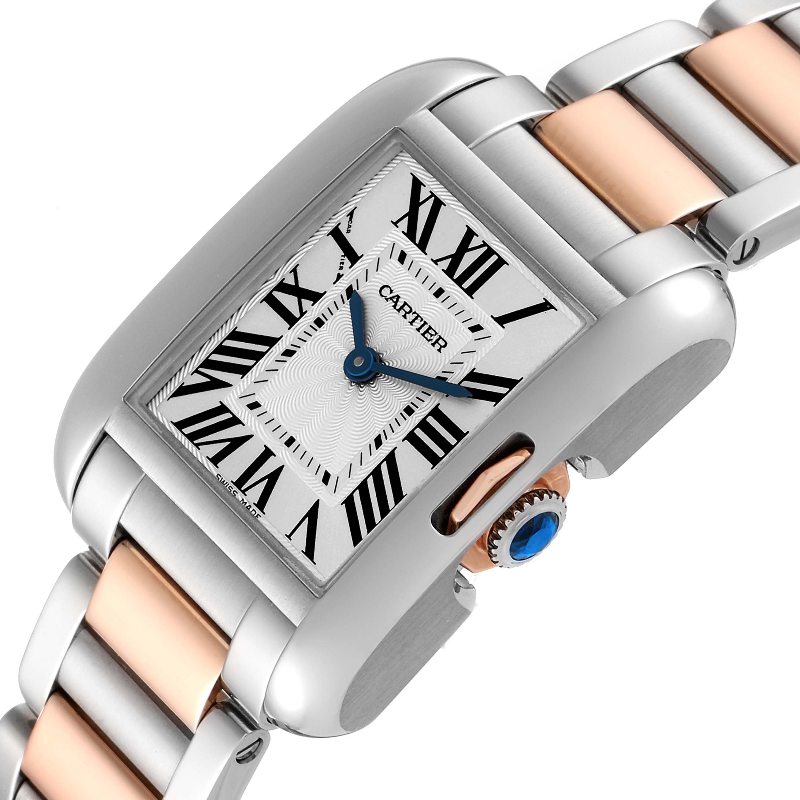 The Cartier Tank Anglaise W5310019 Women's Steel and Gold (two tone) Silver Dial W5310019 Women's Steel and Gold (two tone) Silver Dial watch is shown at an angle displaying the rectangular face, crown, and two-tone bracelet.