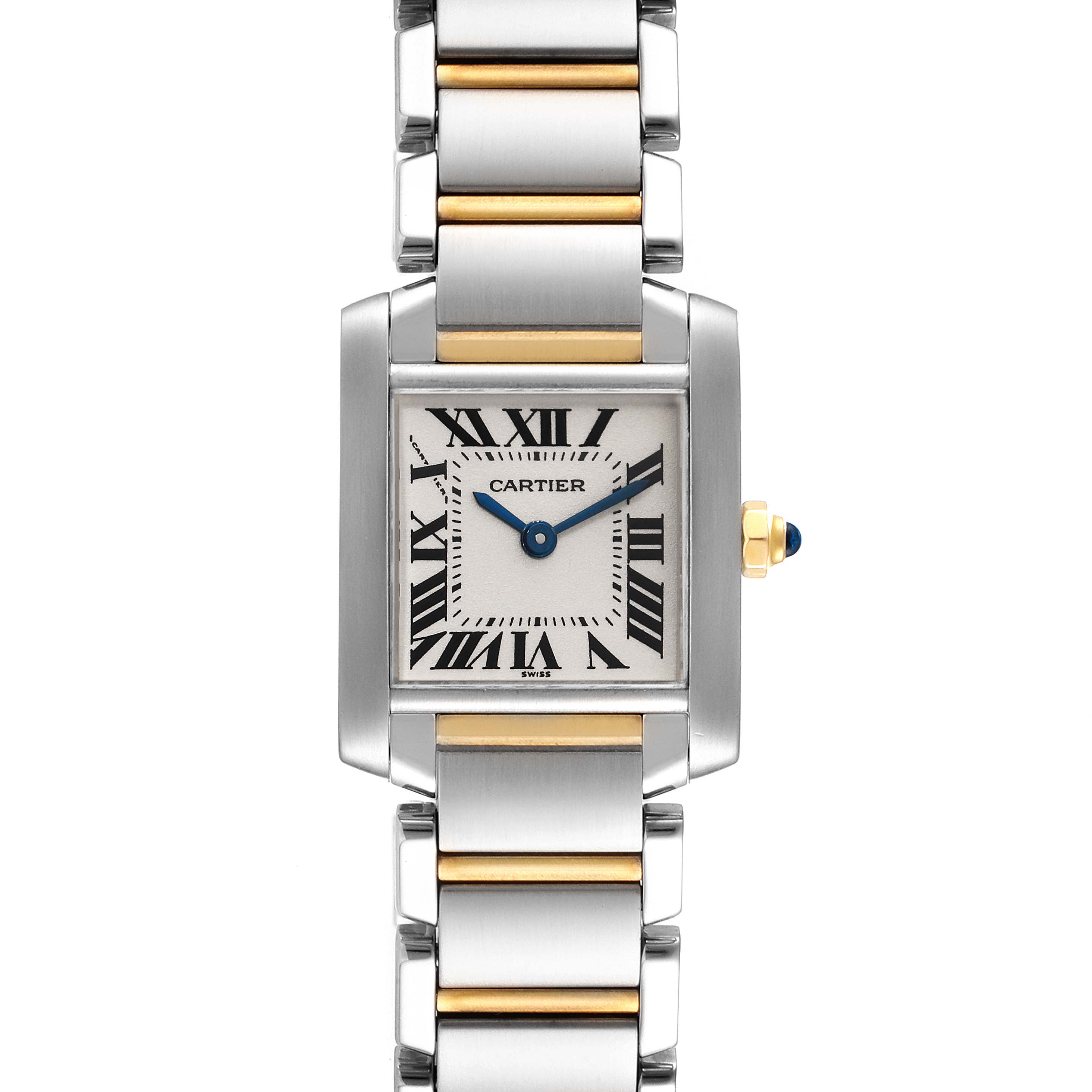 The Cartier Tank Francaise W51007Q4 Women's Steel and Gold (two tone) Silver Dial W51007Q4 Women's Steel and Gold (two tone) Silver Dial watch is shown from a front angle, highlighting the dial, bracelet, and crown.