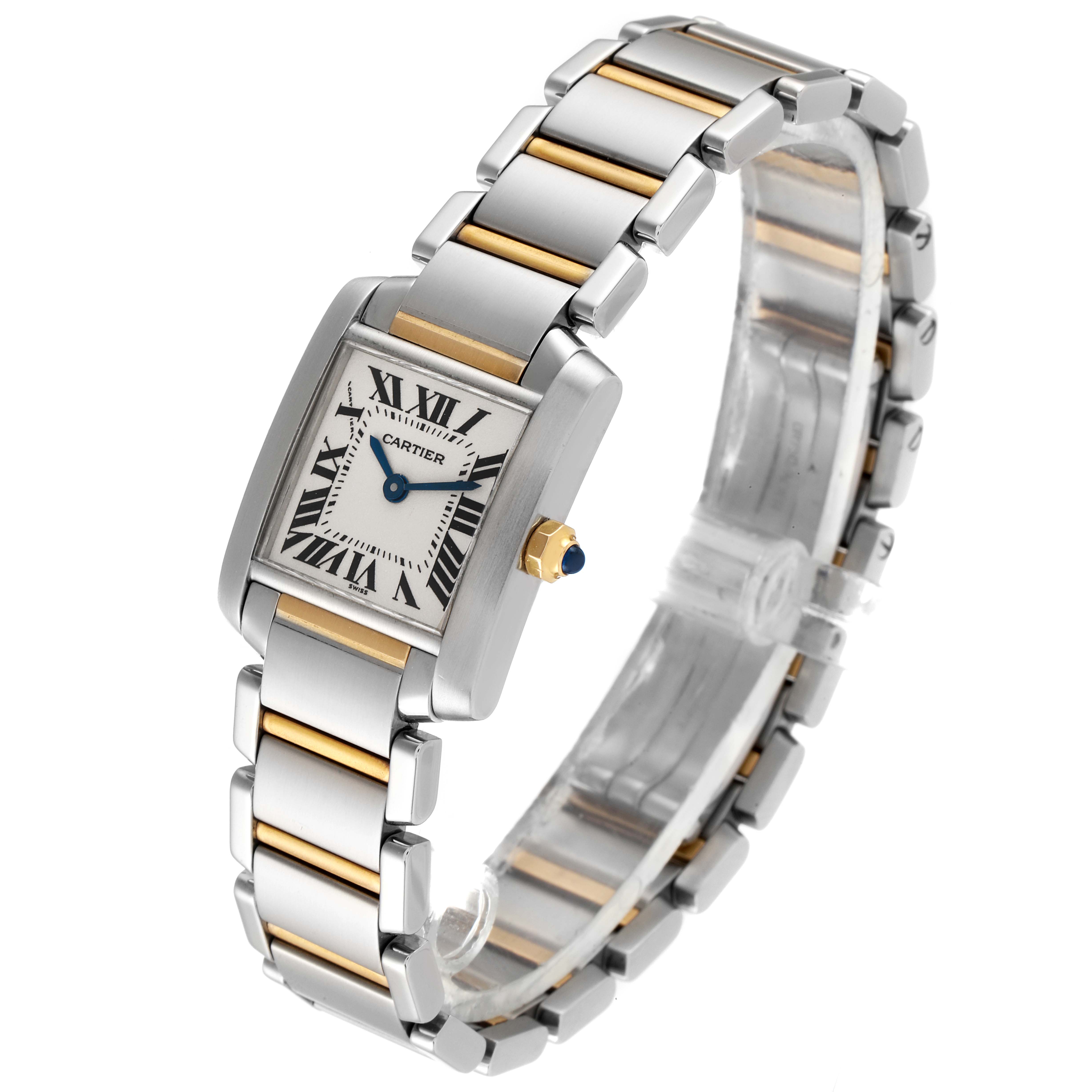 The Cartier Tank Francaise W51007Q4 Women's Steel and Gold (two tone) Silver Dial W51007Q4 Women's Steel and Gold (two tone) Silver Dial watch is shown at a slightly tilted angle, displaying the dial, bracelet, and crown.