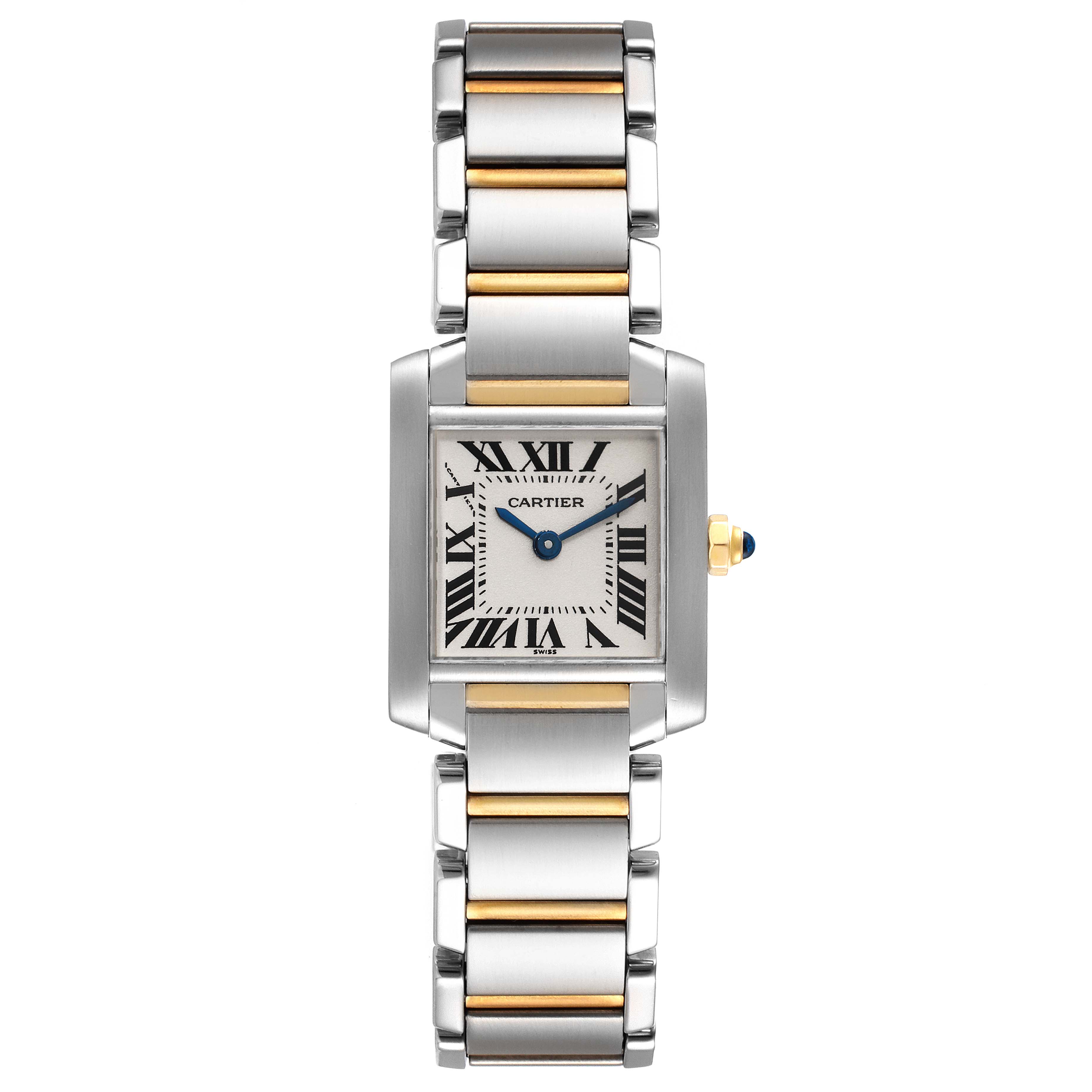 This image shows a front view of the Tank Francaise watch by Cartier, highlighting the face and full bracelet.