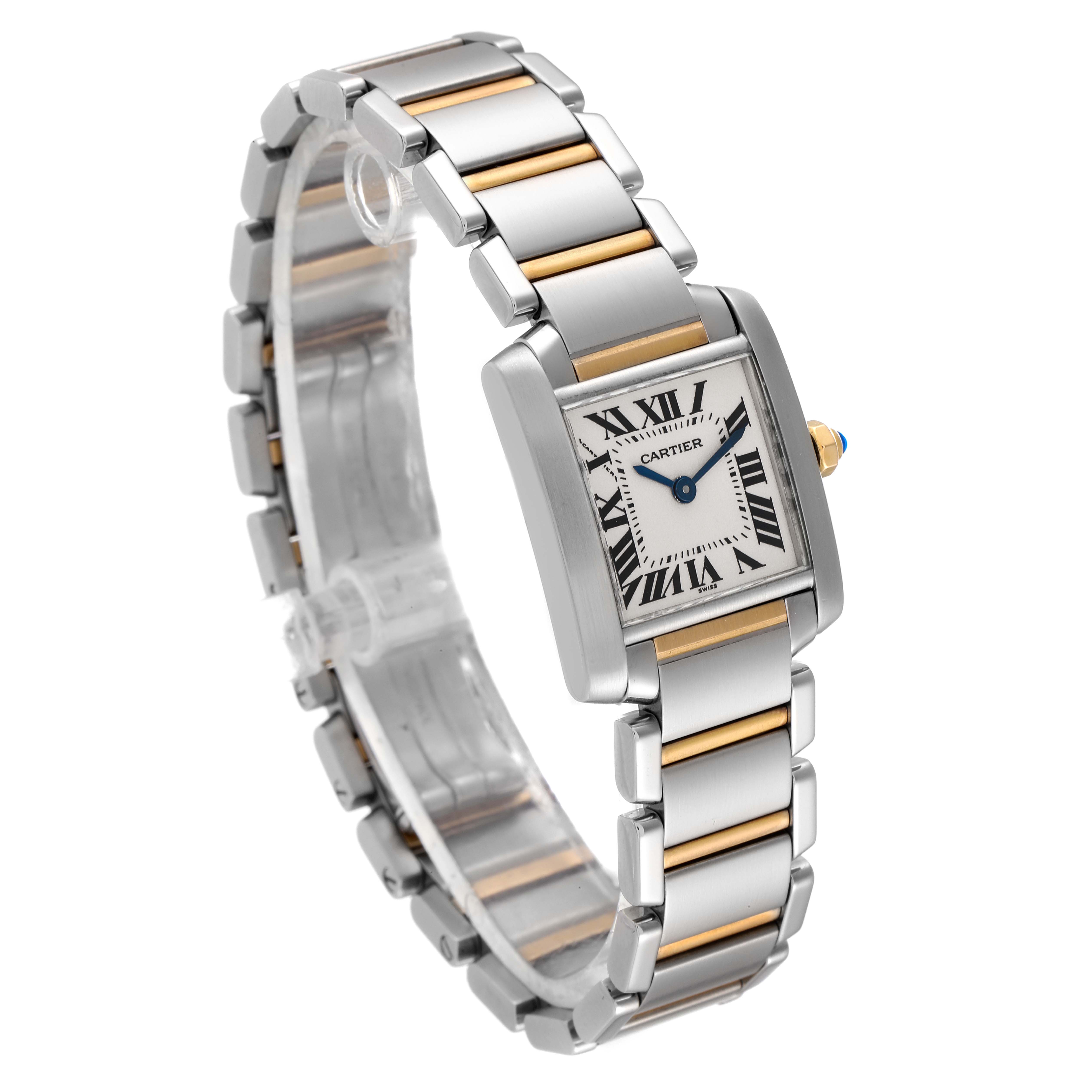 This image features a Cartier Tank Francaise W51007Q4 Women's Steel and Gold (two tone) Silver Dial W51007Q4 Women's Steel and Gold (two tone) Silver Dial watch viewed from a three-quarter angle showing the face, bracelet, and crown.