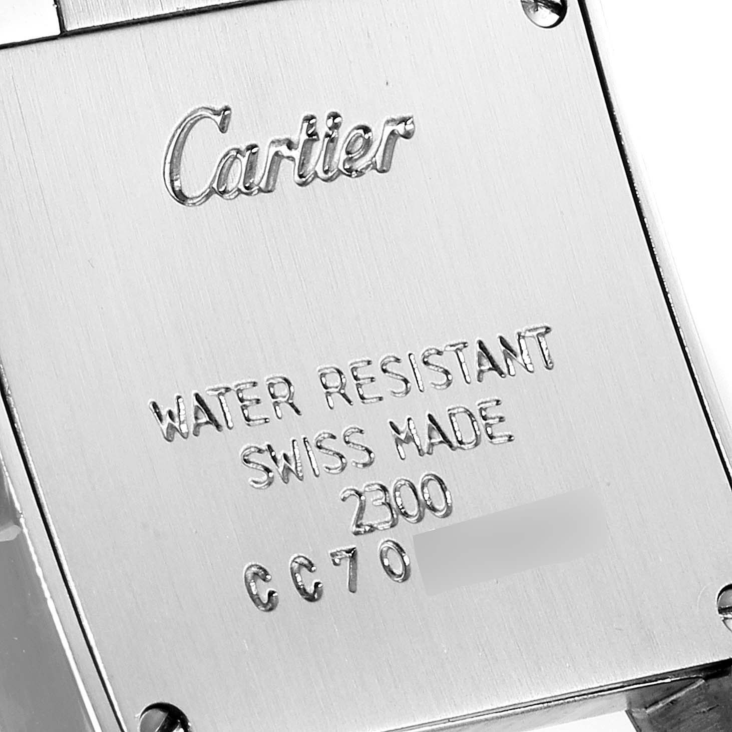 The image shows the backplate of a Cartier Tank Francaise W51007Q4 Women's Steel and Gold (two tone) Silver Dial W51007Q4 Women's Steel and Gold (two tone) Silver Dial watch, displaying the brand name and model details.