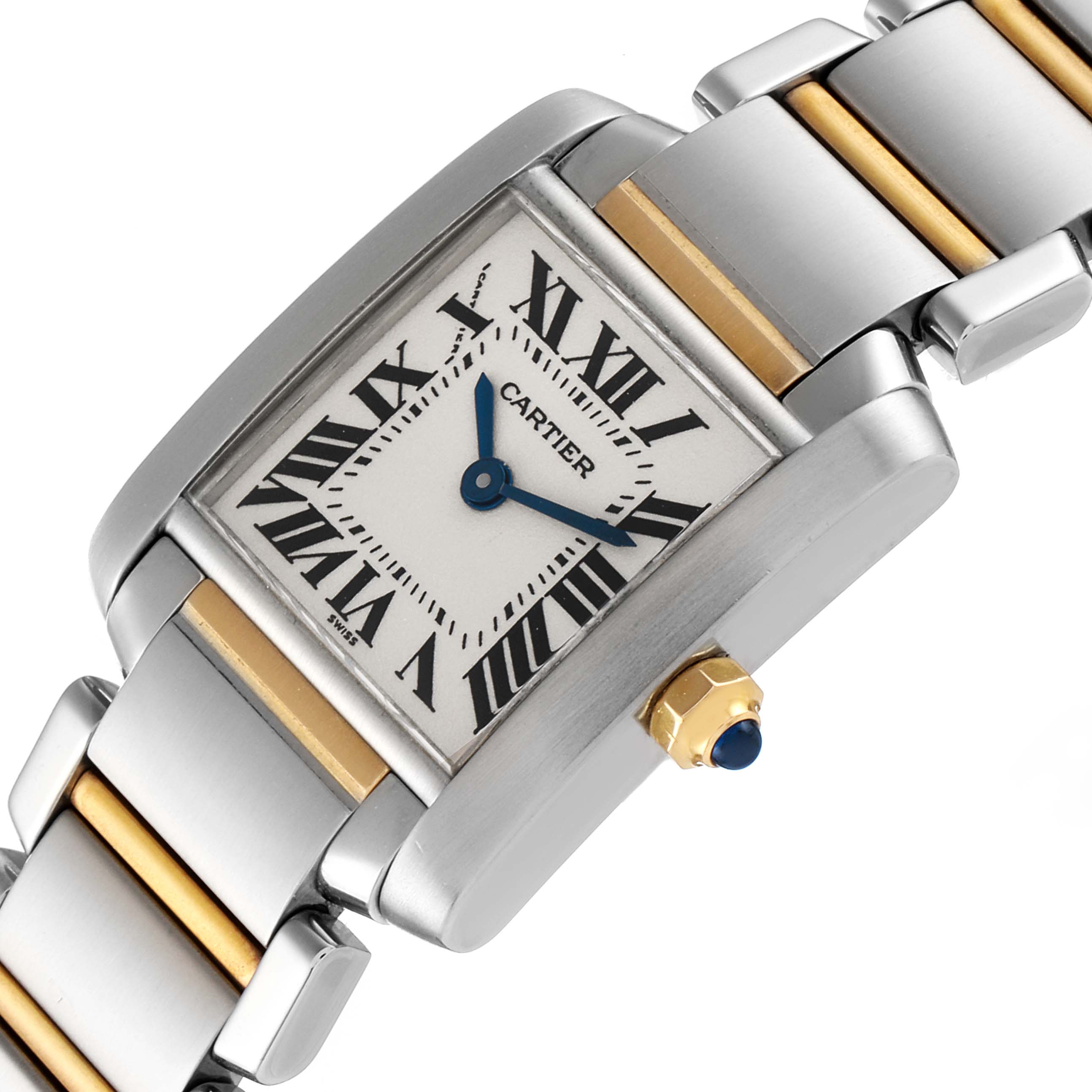 This image shows the face, bezel, and strap detail of a Cartier Tank Francaise W51007Q4 Women's Steel and Gold (two tone) Silver Dial W51007Q4 Women's Steel and Gold (two tone) Silver Dial watch at a slight angle.