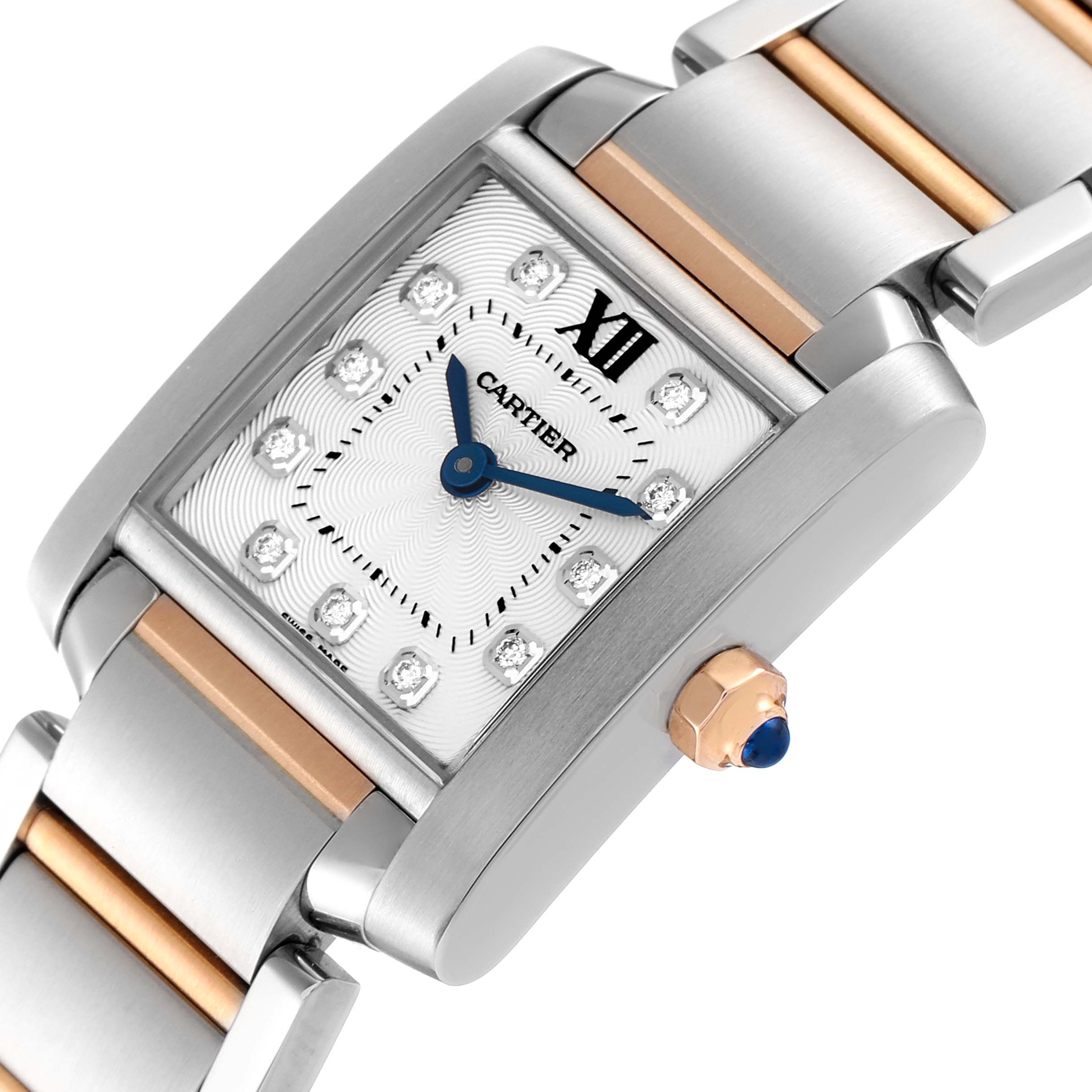 This Cartier Tank Francaise WE110004 Women's Steel and Gold (two tone) Silver Dial WE110004 Women's Steel and Gold (two tone) Silver Dial watch is shown at an angle showcasing the face, crown, and parts of the bracelet.