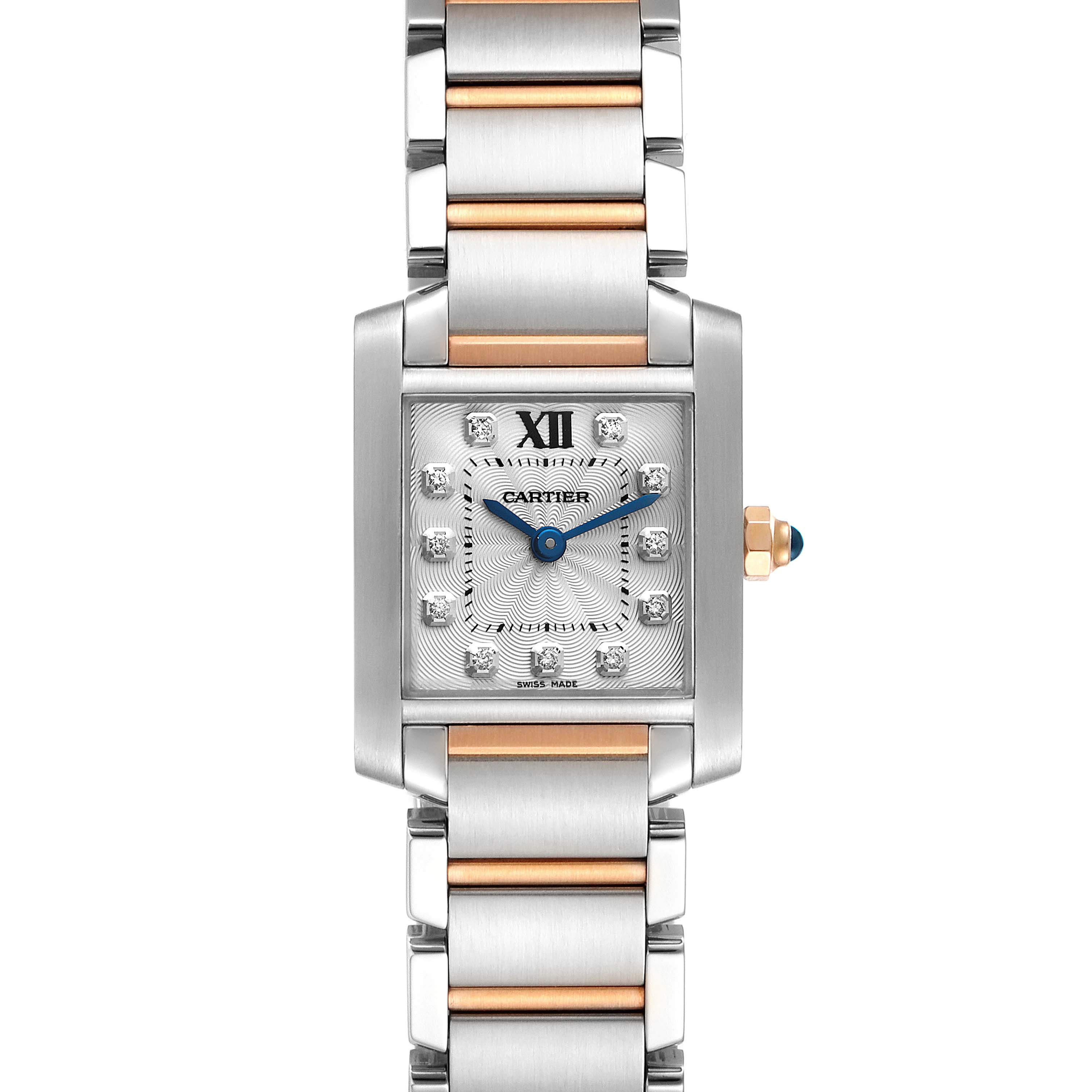 This image shows a front view of the Cartier Tank Francaise WE110004 Women's Steel and Gold (two tone) Silver Dial WE110004 Women's Steel and Gold (two tone) Silver Dial watch, highlighting its square face, bracelet, and crown.