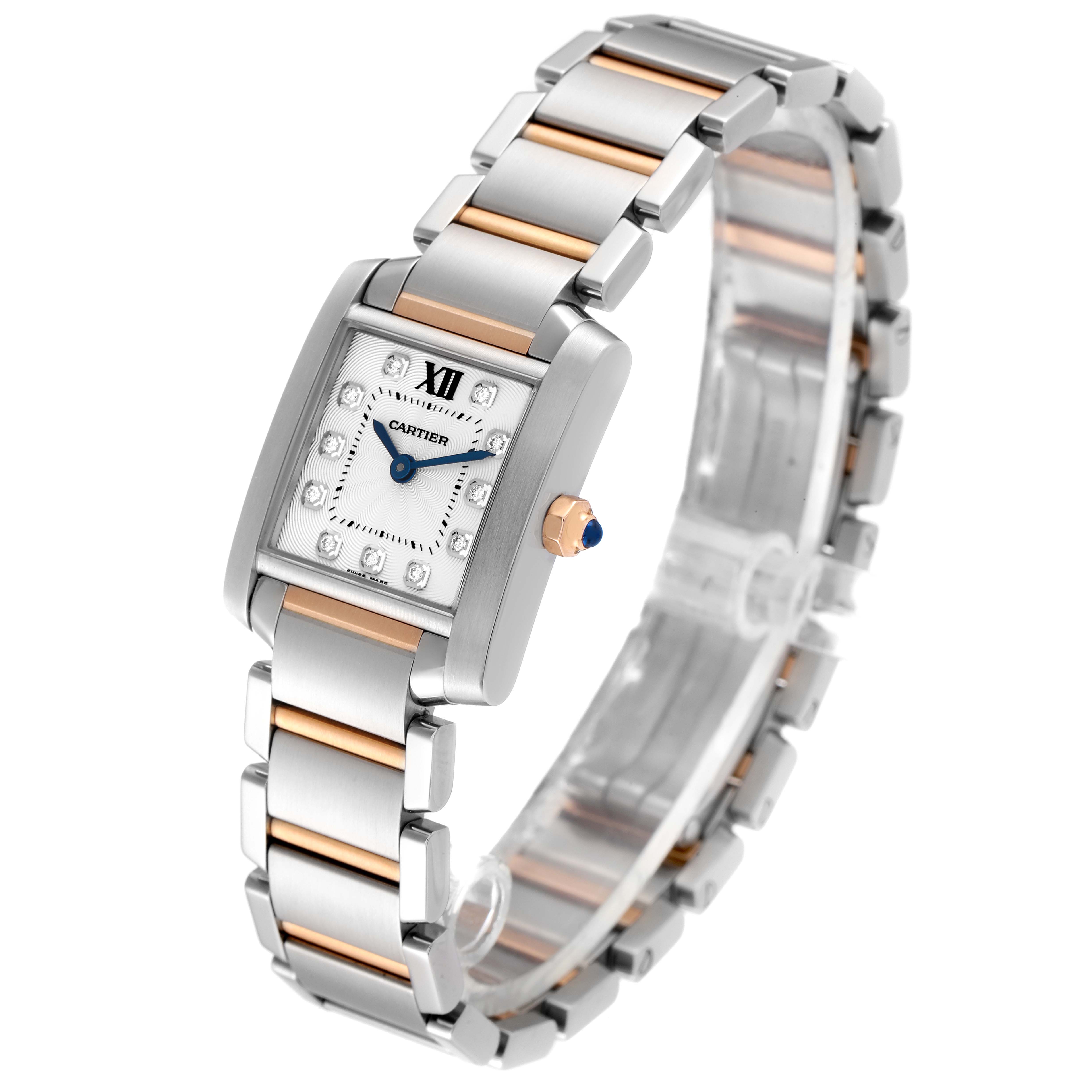 The image shows a tilted side view of the Cartier Tank Francaise WE110004 Women's Steel and Gold (two tone) Silver Dial WE110004 Women's Steel and Gold (two tone) Silver Dial watch, highlighting its bracelet, dial, and crown.