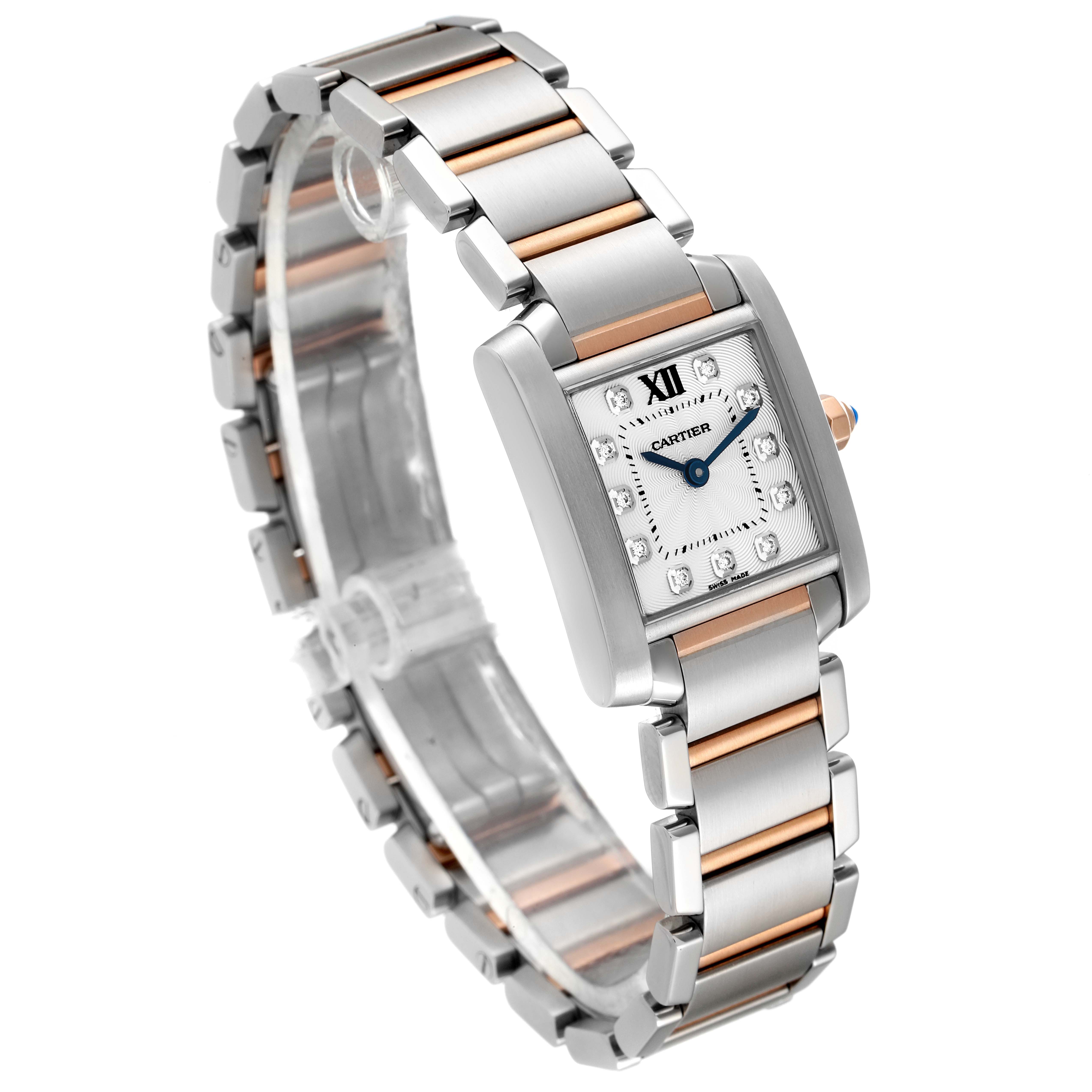 This image shows a side angle of the Cartier Tank Francaise WE110004 Women's Steel and Gold (two tone) Silver Dial WE110004 Women's Steel and Gold (two tone) Silver Dial watch, highlighting its bracelet and rectangular face with diamond indices.