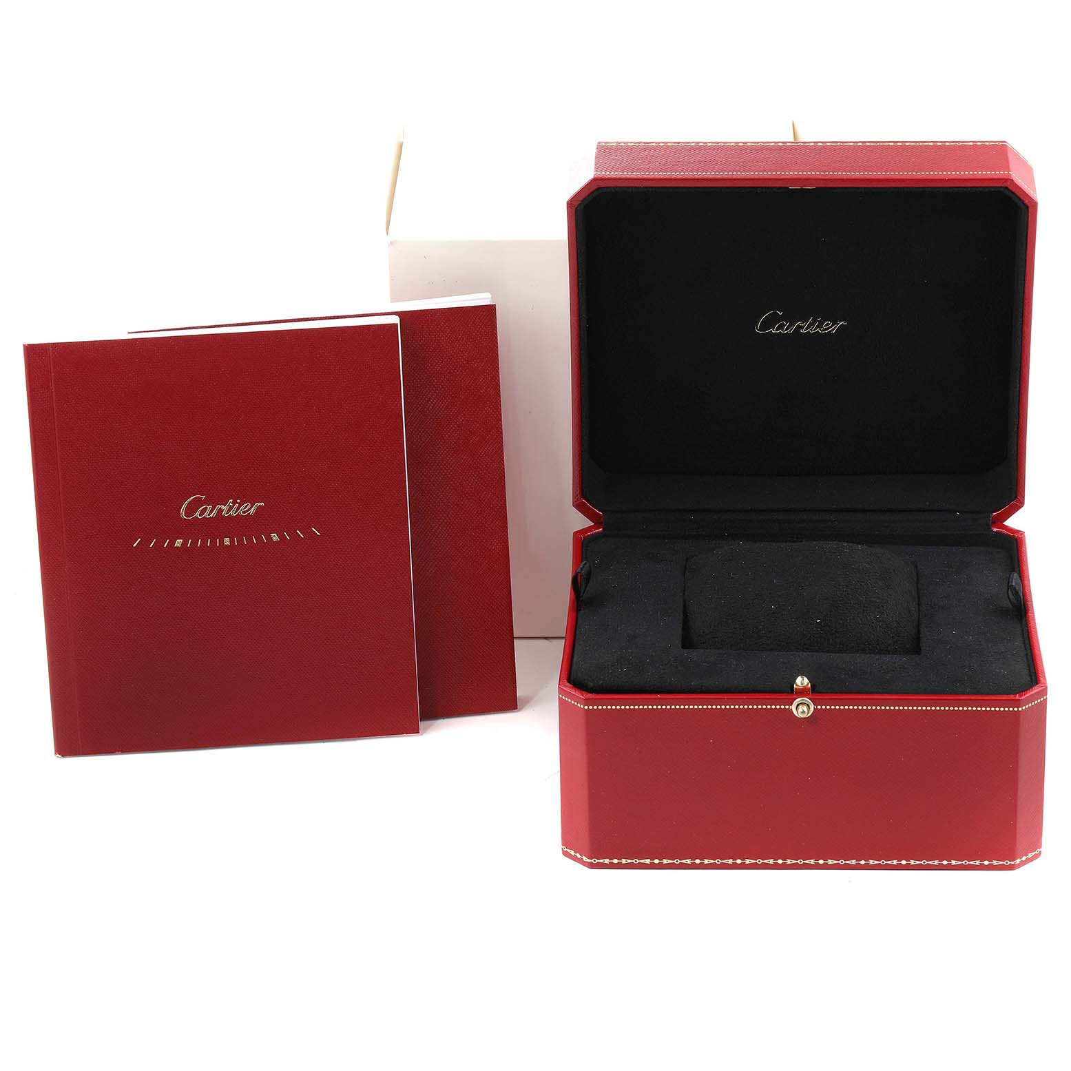 The image shows an open red Cartier watch box for the Tank Francaise model, along with two red booklets.