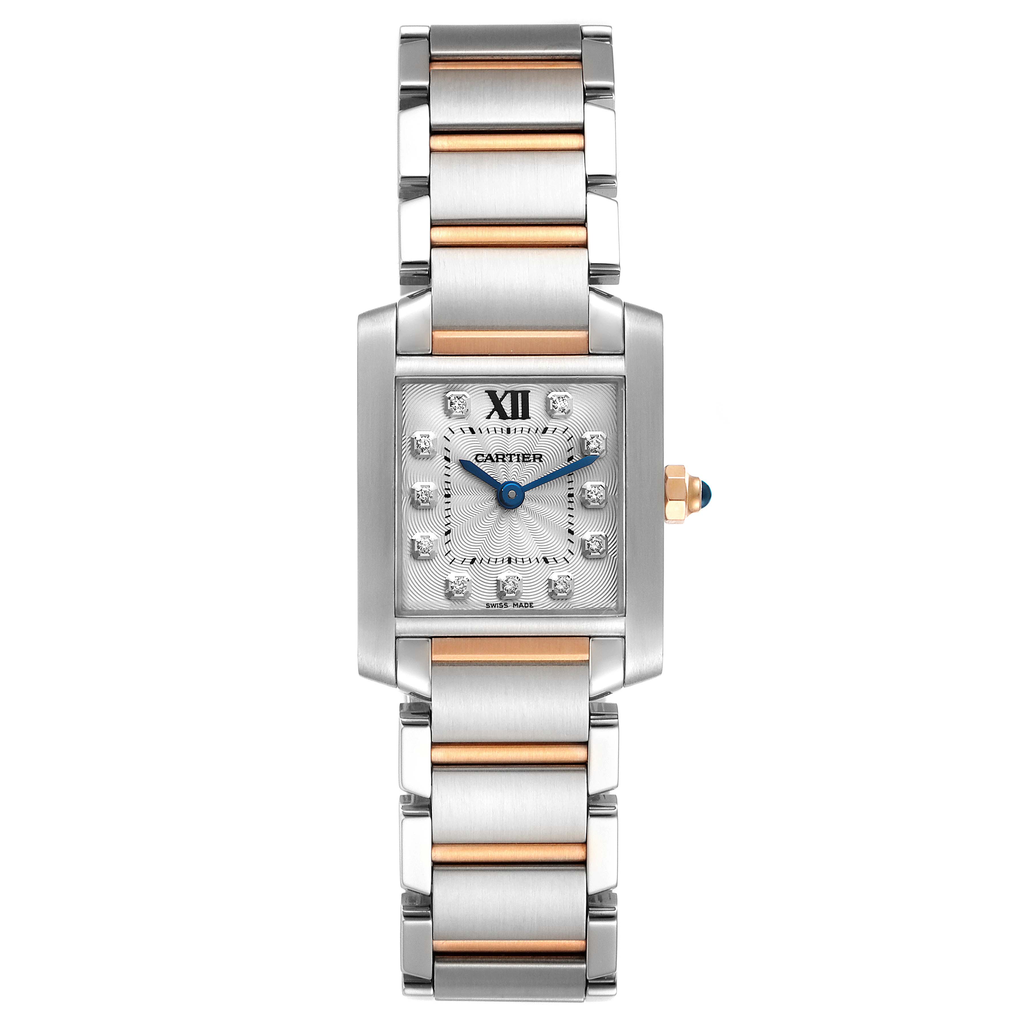 The image shows a Cartier Tank Française watch from a front angle, focusing on the face, dial, and strap.