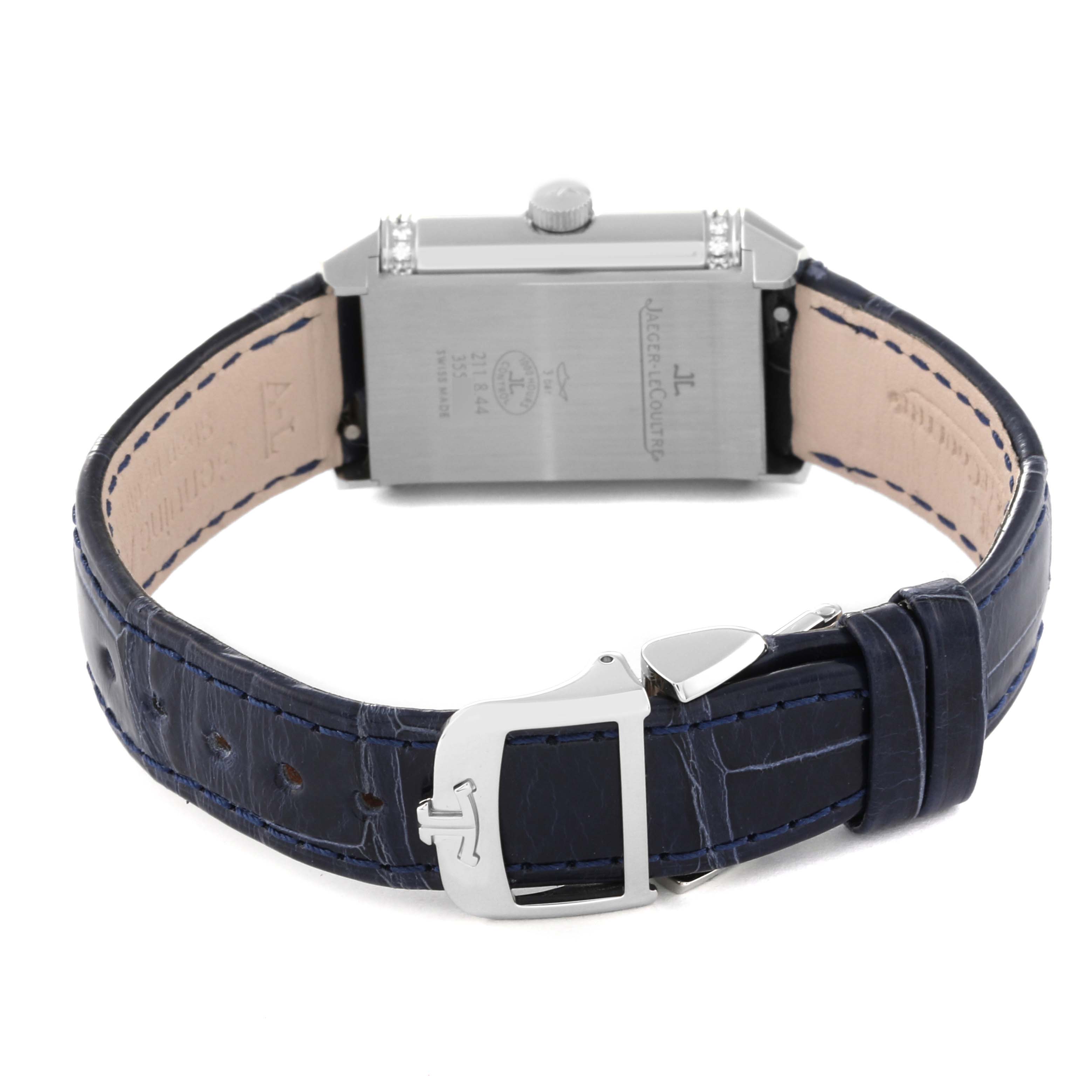 The image shows the back view of a Jaeger LeCoultre Reverso Q2668432 Women's Stainless Steel Silver Dial Q2668432 Women's Stainless Steel Silver Dial watch, highlighting its strap and clasp.