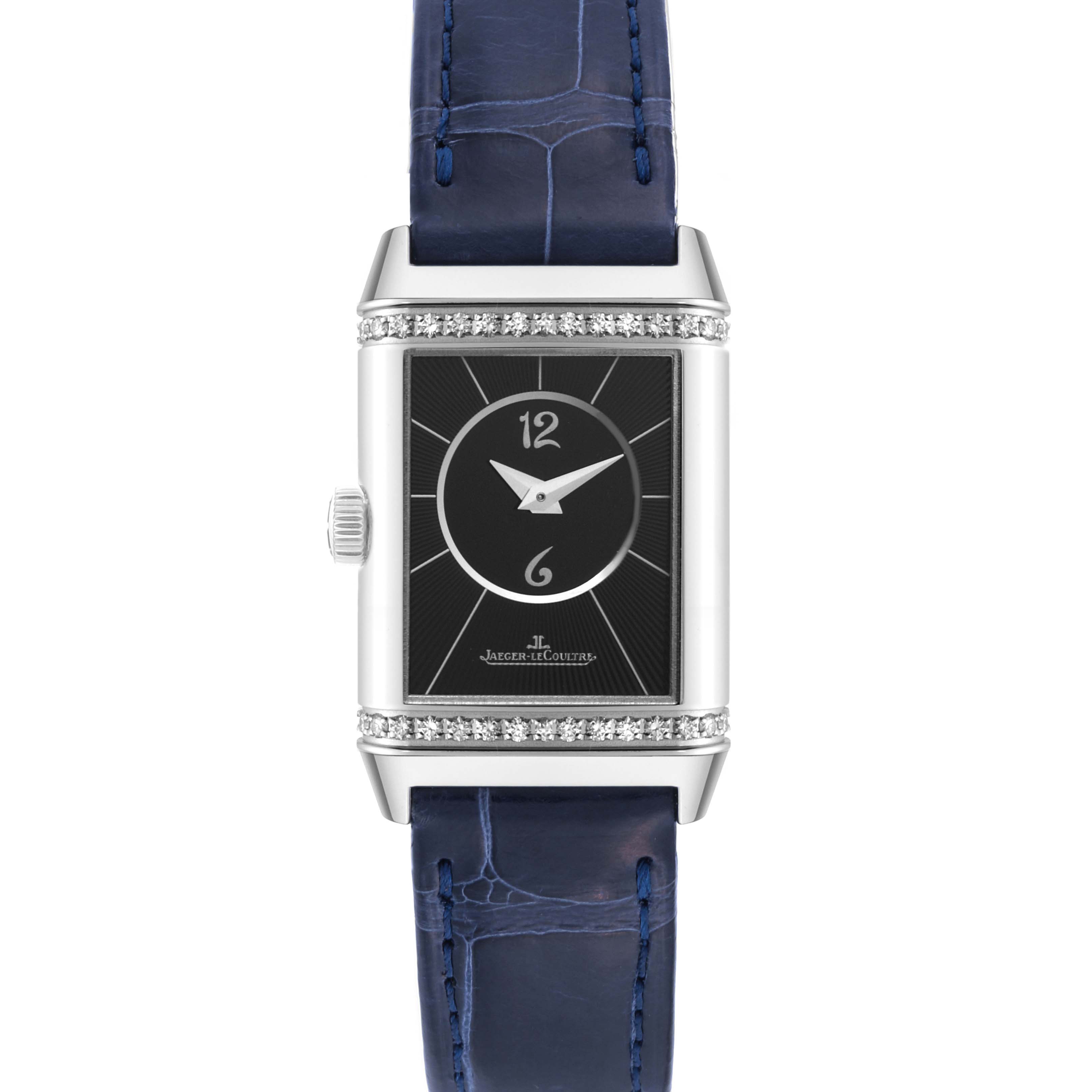 The image shows a frontal view of a Jaeger-LeCoultre Reverso watch with a black dial and a blue strap.