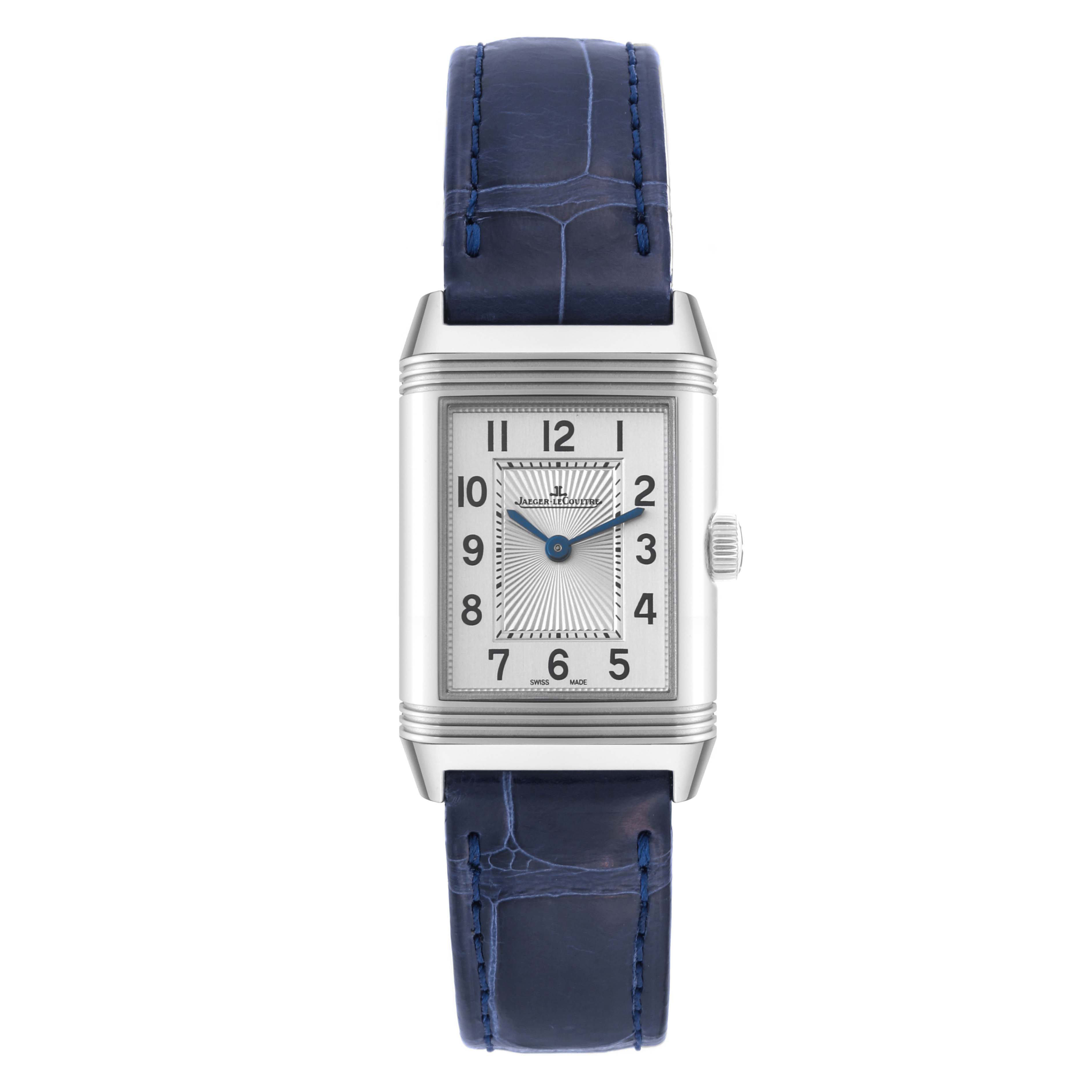 This is a front view of the Jaeger LeCoultre Reverso Q2668432 Women's Stainless Steel Silver Dial Q2668432 Women's Stainless Steel Silver Dial watch, showcasing its rectangular face and blue leather strap.