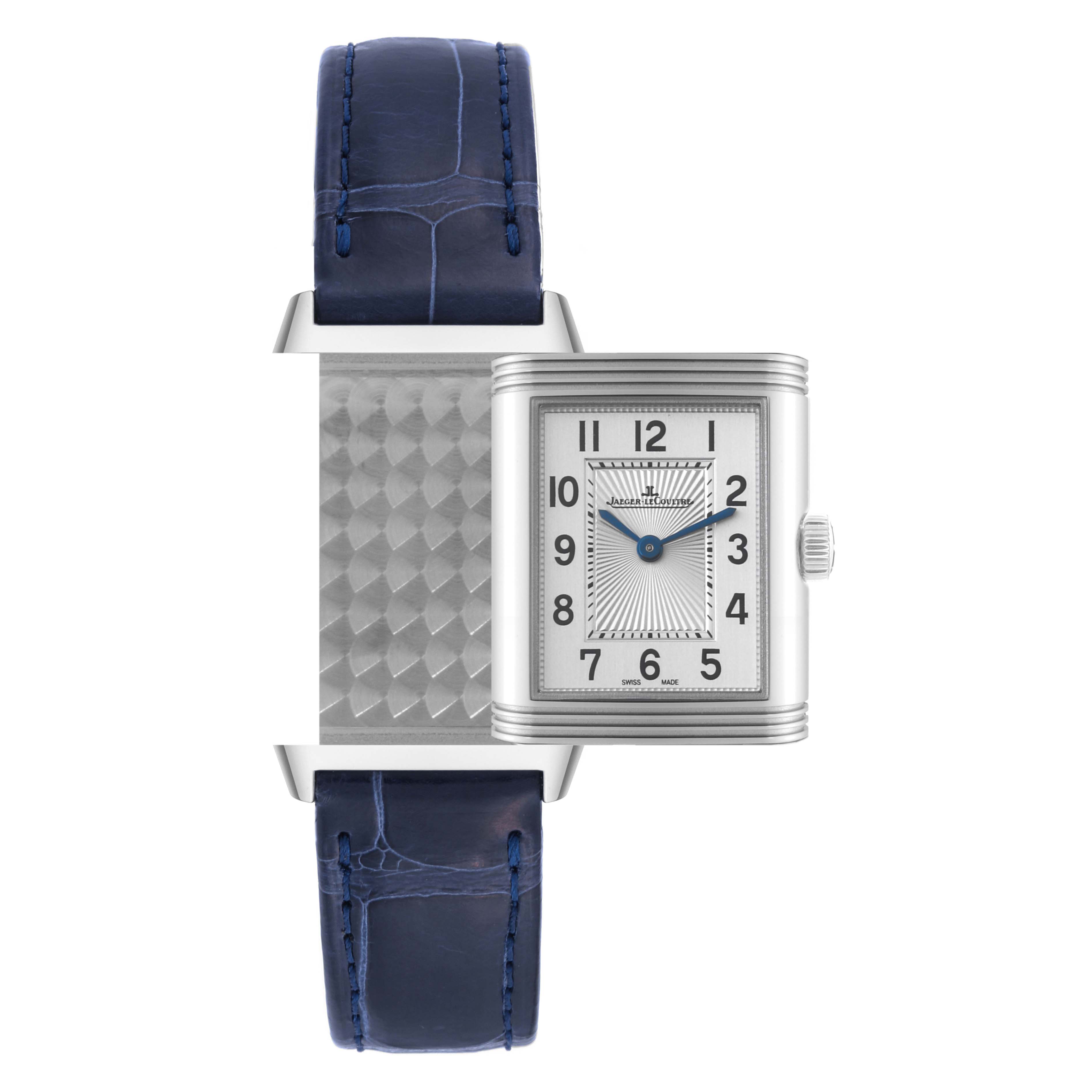 The image shows a Jaeger LeCoultre Reverso Q2668432 Women's Stainless Steel Silver Dial Q2668432 Women's Stainless Steel Silver Dial watch from a front angle, highlighting its reversible case and blue leather strap.