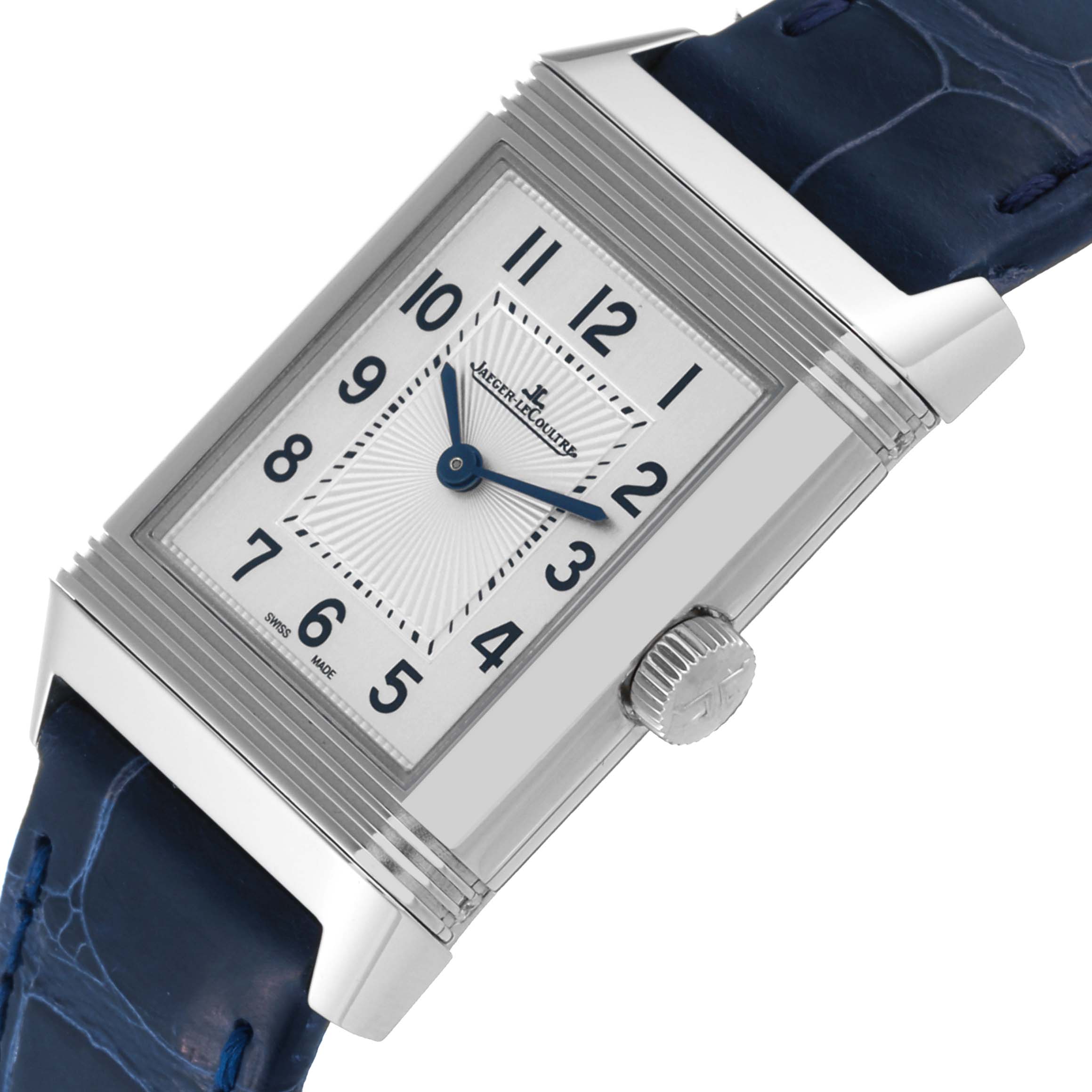 The Jaeger LeCoultre Reverso Q2668432 Women's Stainless Steel Silver Dial Q2668432 Women's Stainless Steel Silver Dial watch is shown at an angle, highlighting the dial, blue strap, and crown.